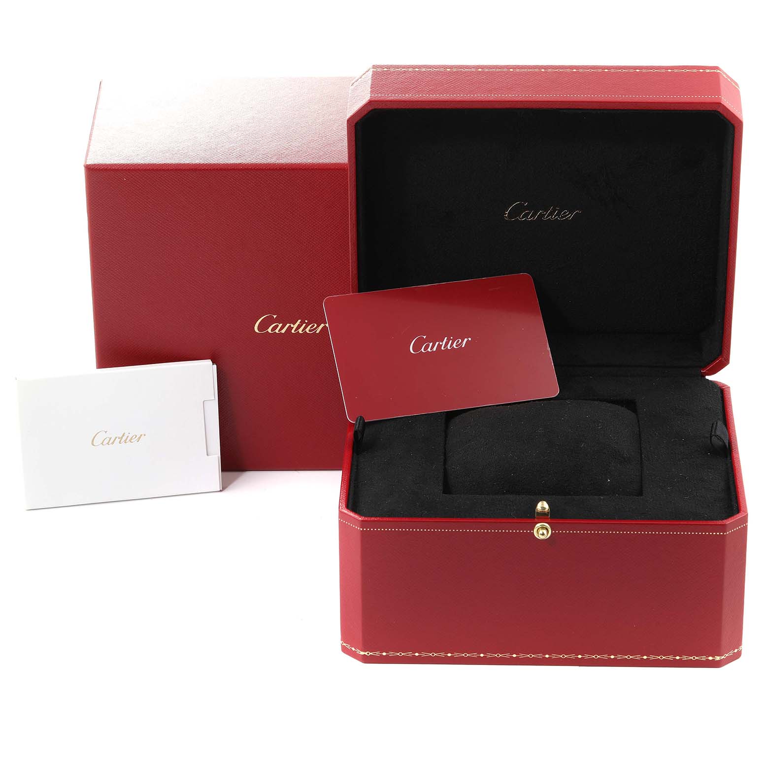 The image shows a red Cartier Panthere W4PN0007 Women's Stainless Steel Silver Dial W4PN0007 Women's Stainless Steel Silver Dial watch box, an open red case, and accompanying documentation.