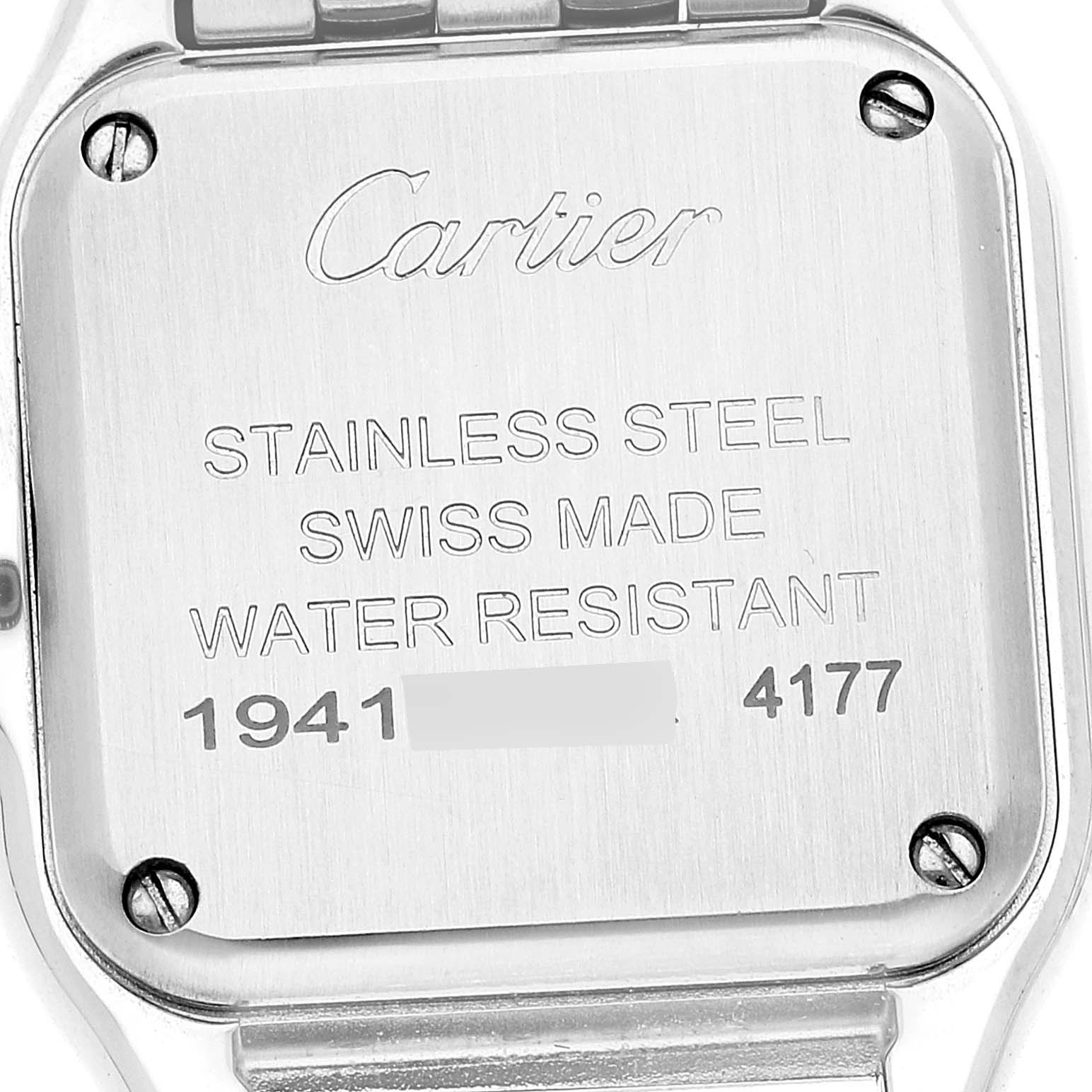 This image shows the case back of a Cartier Panthere W4PN0007 Women's Stainless Steel Silver Dial W4PN0007 Women's Stainless Steel Silver Dial watch highlighting its stainless steel material and water resistance.