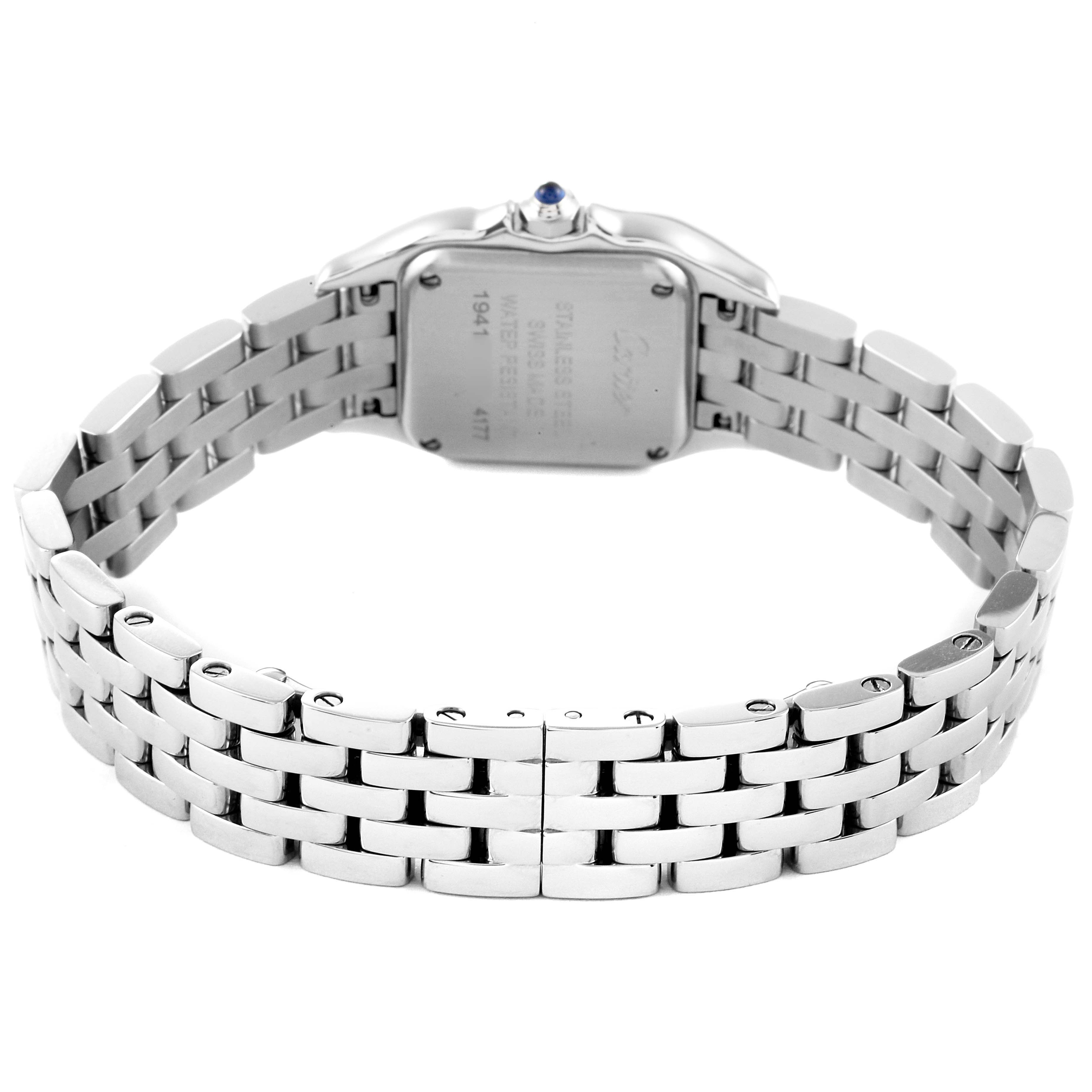 This image shows the back view of the Cartier Panthere W4PN0007 Women's Stainless Steel Silver Dial W4PN0007 Women's Stainless Steel Silver Dial watch, highlighting its stainless steel bracelet and case back.