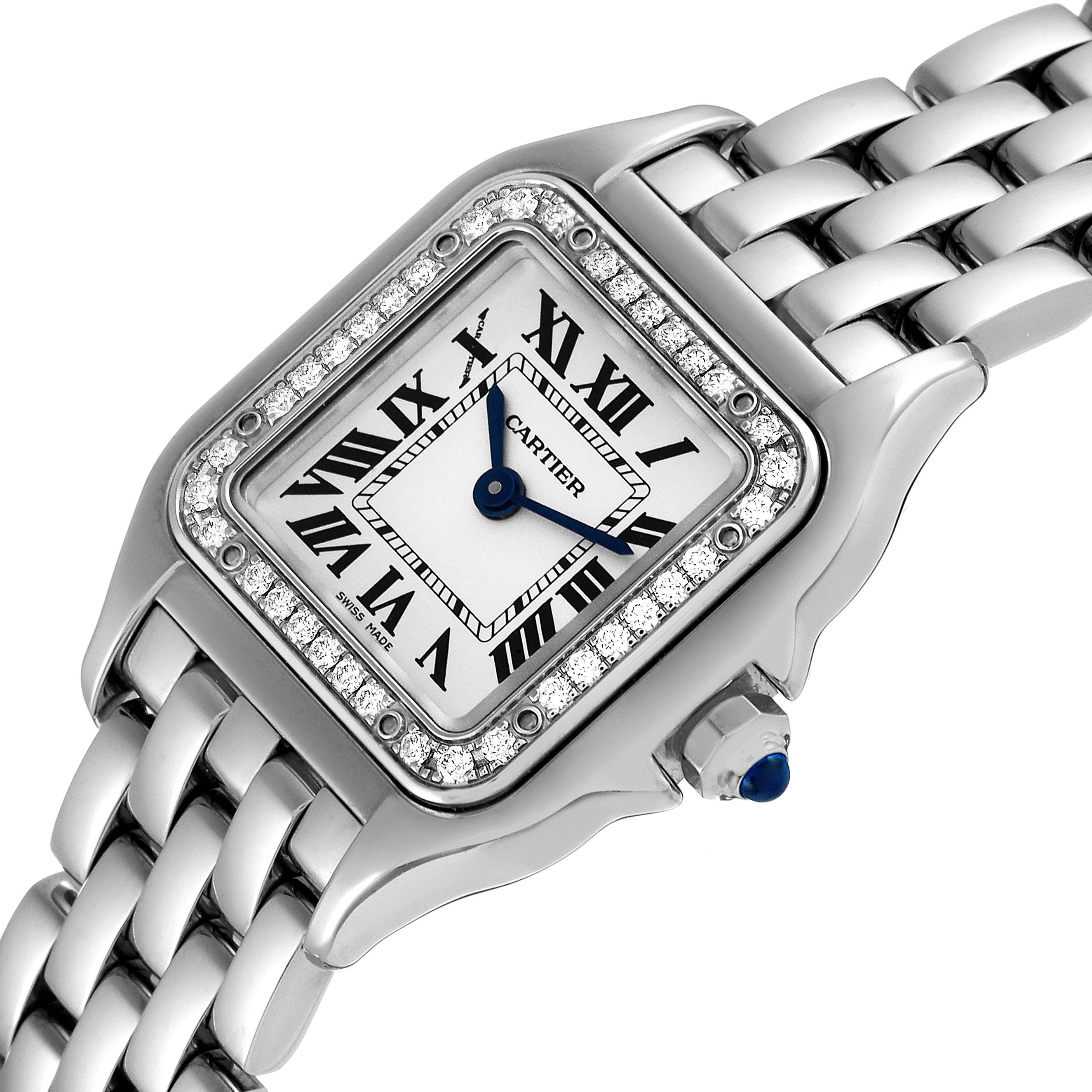This image shows a close-up angled view of a Cartier Panthere W4PN0007 Women's Stainless Steel Silver Dial W4PN0007 Women's Stainless Steel Silver Dial watch, highlighting its face, bezel, and bracelet.