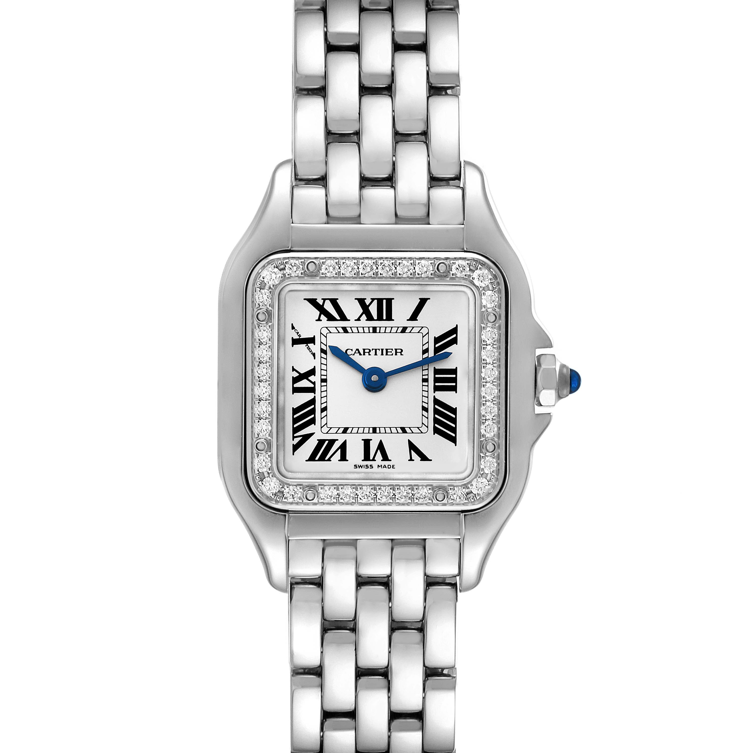 This image shows a front view of the Cartier Panthere W4PN0007 Women's Stainless Steel Silver Dial W4PN0007 Women's Stainless Steel Silver Dial model watch with a square dial and metal bracelet.