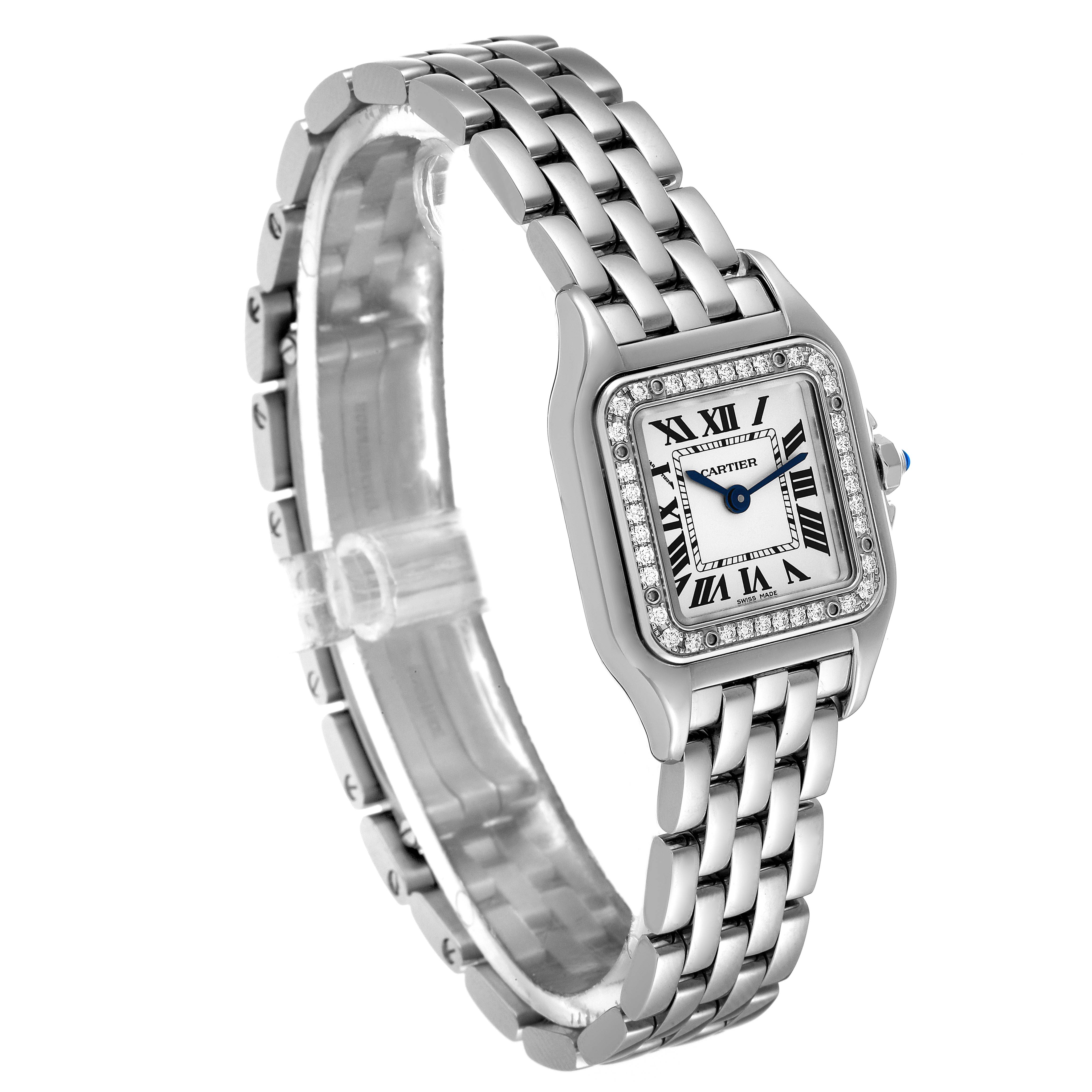 The image shows a side angle of the Panthere de Cartier watch, highlighting its linked bracelet and diamond-set bezel.