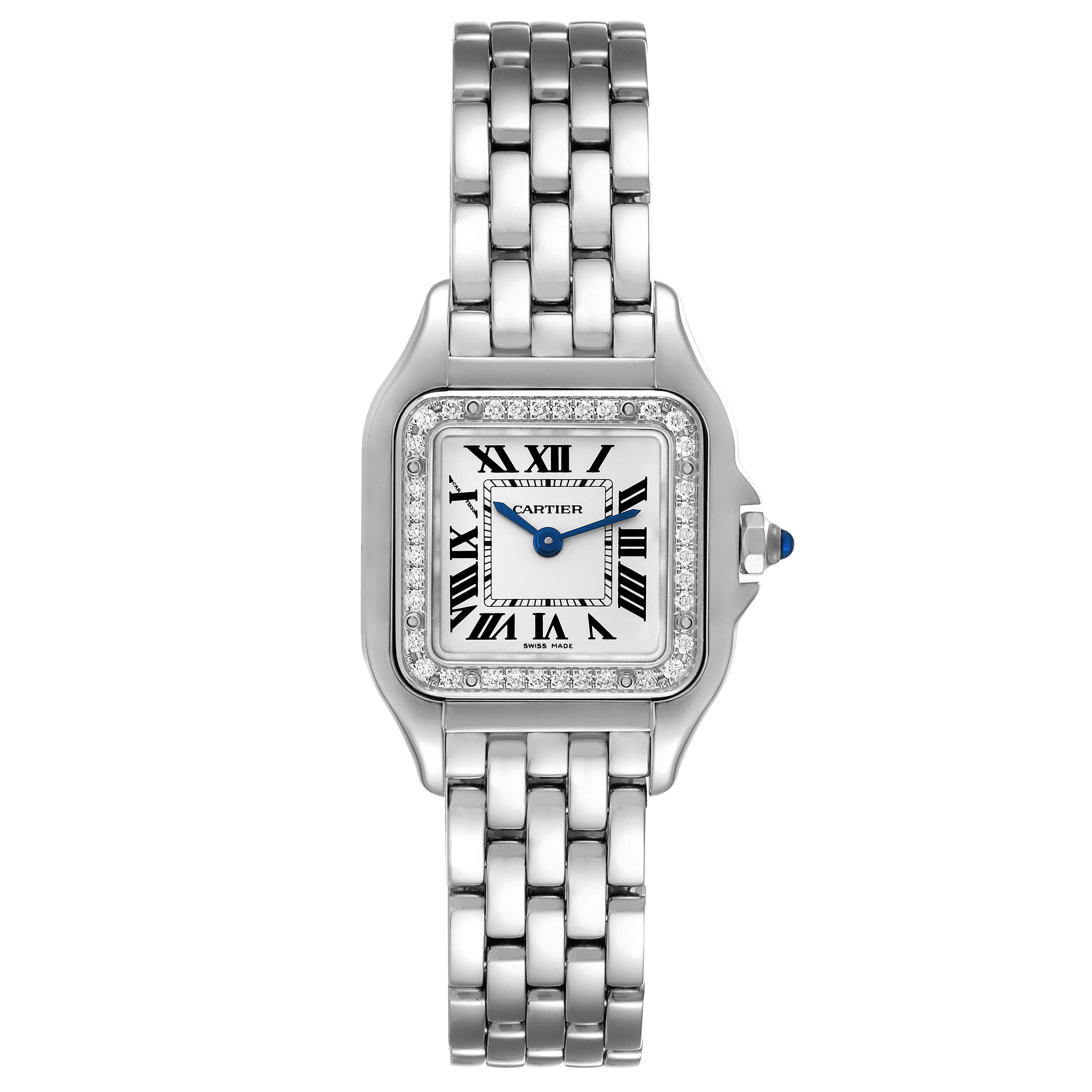 The image showcases a front view of the Cartier Panthère watch, featuring a stainless steel bracelet and diamond bezel.