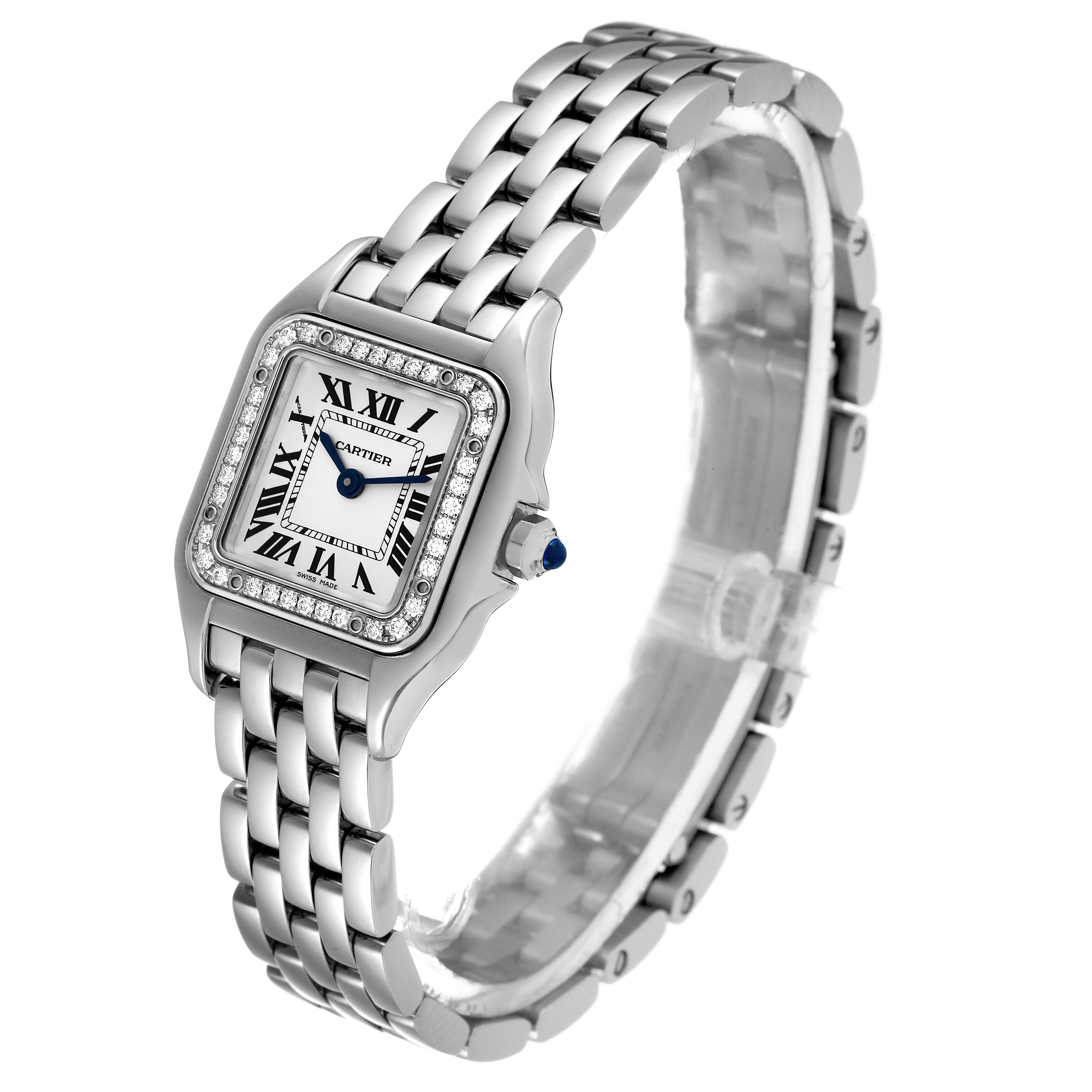 The image shows a Panthere model by Cartier from a three-quarter angle, highlighting the watch face, band, and crown.