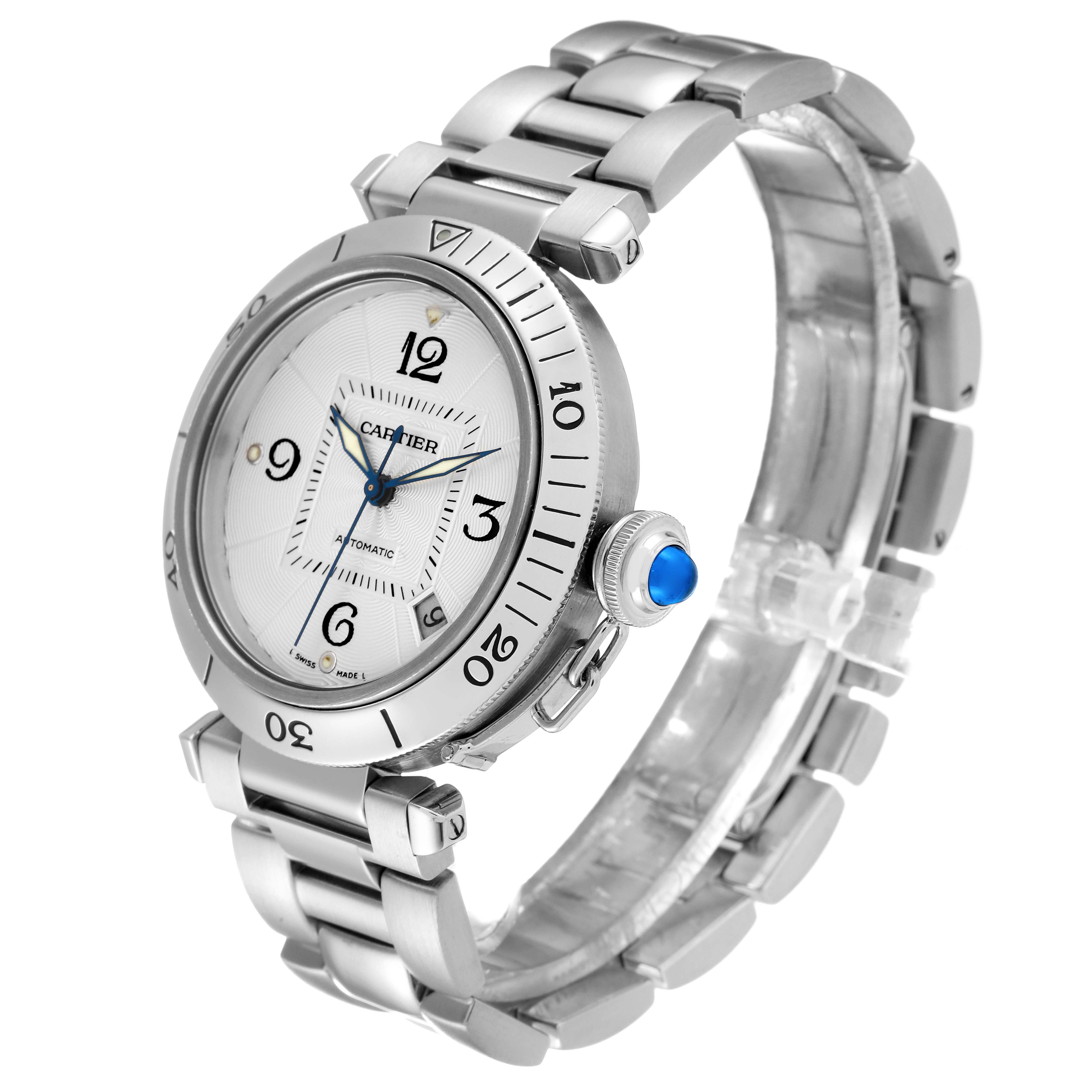 The image shows a side angle of the Cartier Pasha W31059H3 Men
s Stainless Steel Silver Dial W31059H3 Men
s Stainless Steel Silver Dial watch, highlighting its face, bezel, crown, and metal bracelet.