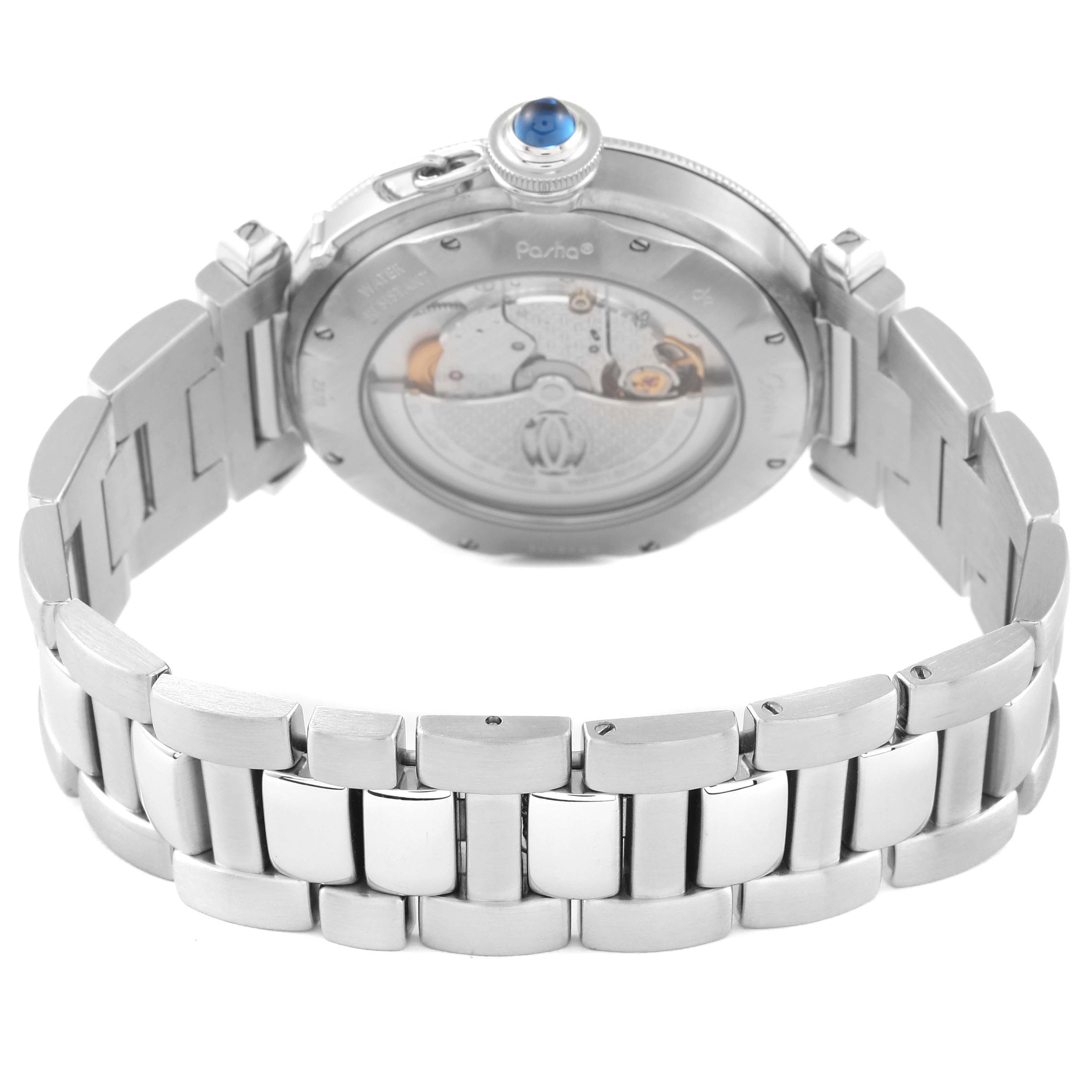 The image shows the back view of a Cartier Pasha W31059H3 Men
s Stainless Steel Silver Dial W31059H3 Men
s Stainless Steel Silver Dial watch, highlighting its movement and stainless steel bracelet.