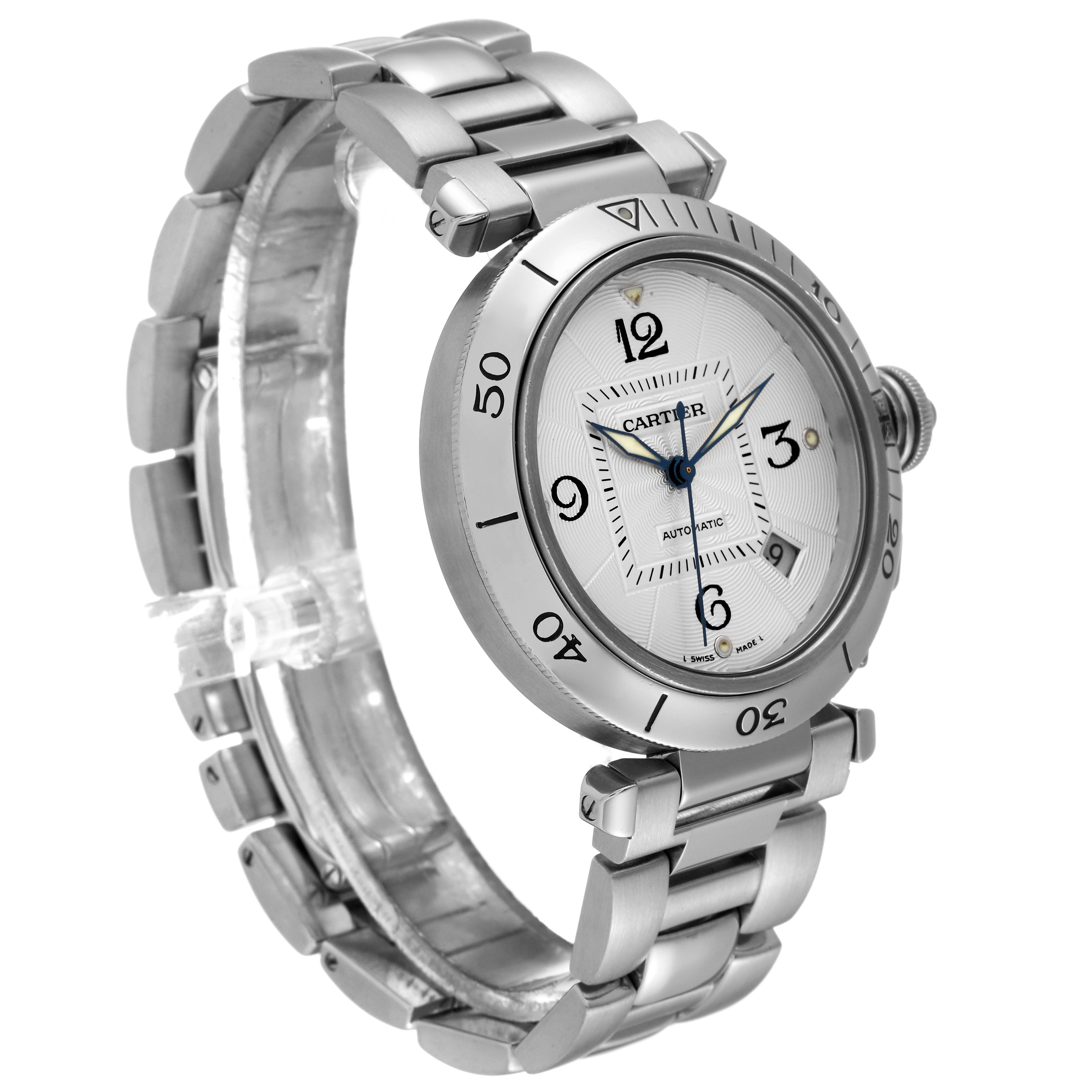 The Cartier Pasha W31059H3 Men
s Stainless Steel Silver Dial W31059H3 Men
s Stainless Steel Silver Dial watch is shown from a front angled perspective, displaying its face, bezel, crown, and bracelet.