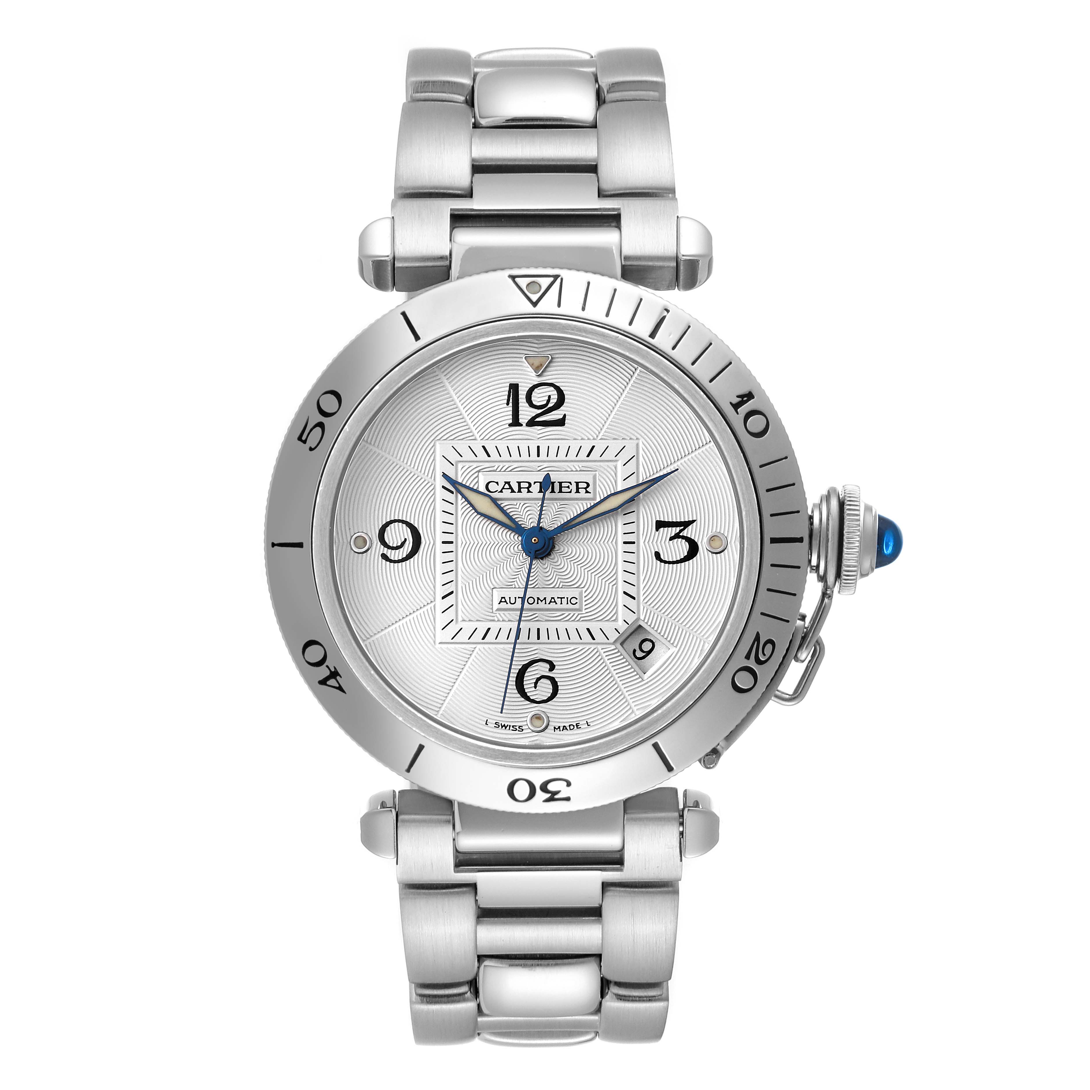 The image shows a Cartier Pasha W31059H3 Men
s Stainless Steel Silver Dial W31059H3 Men
s Stainless Steel Silver Dial watch from a front angle, displaying the dial, bezel, and bracelet.