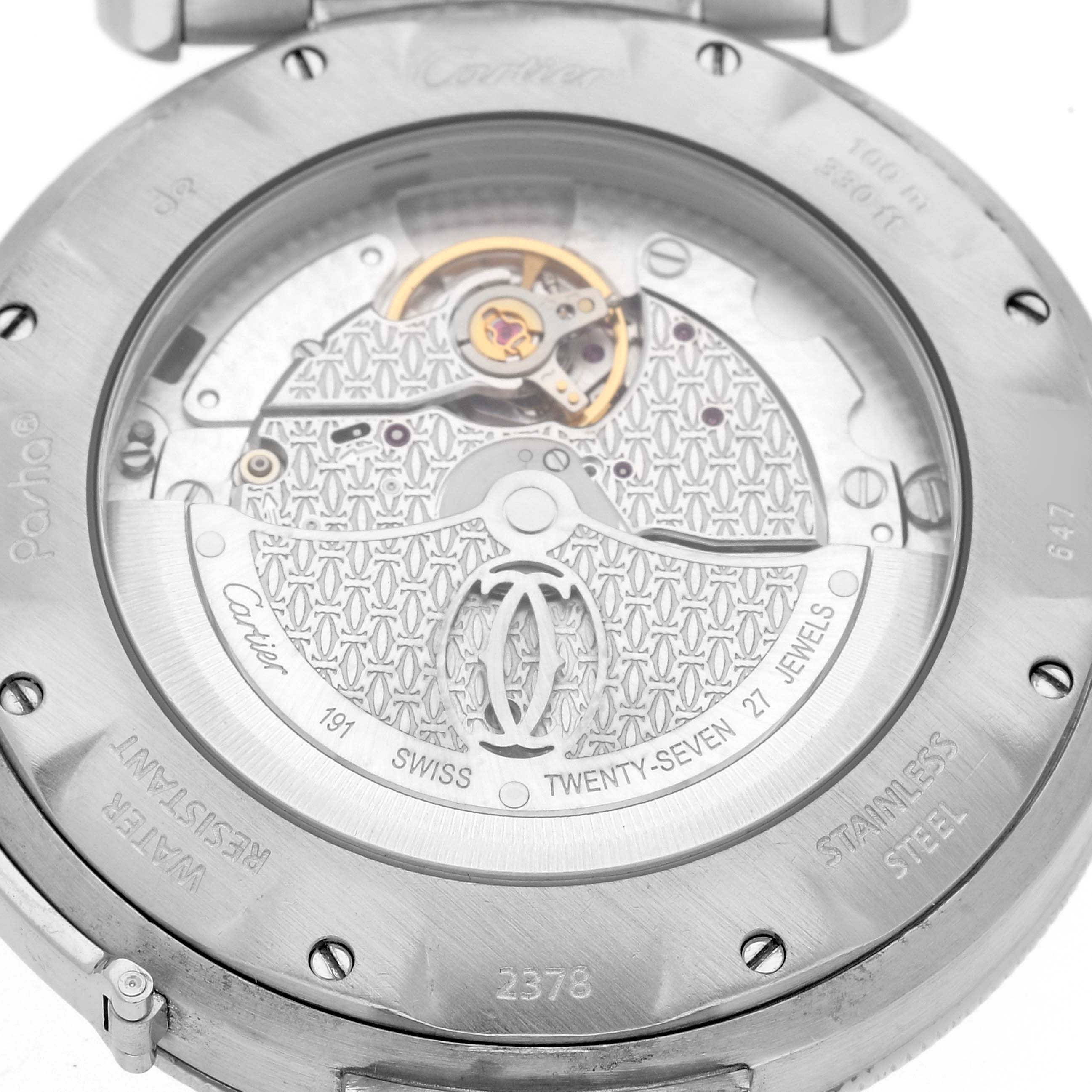 The image shows the back of a Cartier Pasha W31059H3 Men
s Stainless Steel Silver Dial W31059H3 Men
s Stainless Steel Silver Dial watch, displaying its intricate internal mechanism.