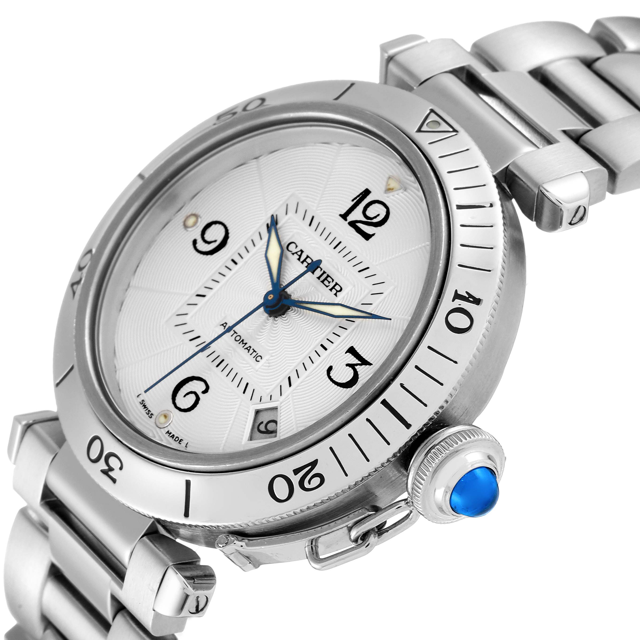 This image shows a close-up of a Cartier Pasha W31059H3 Men
s Stainless Steel Silver Dial W31059H3 Men
s Stainless Steel Silver Dial watch, showcasing the face, bezel, and crown with blue cabochon.