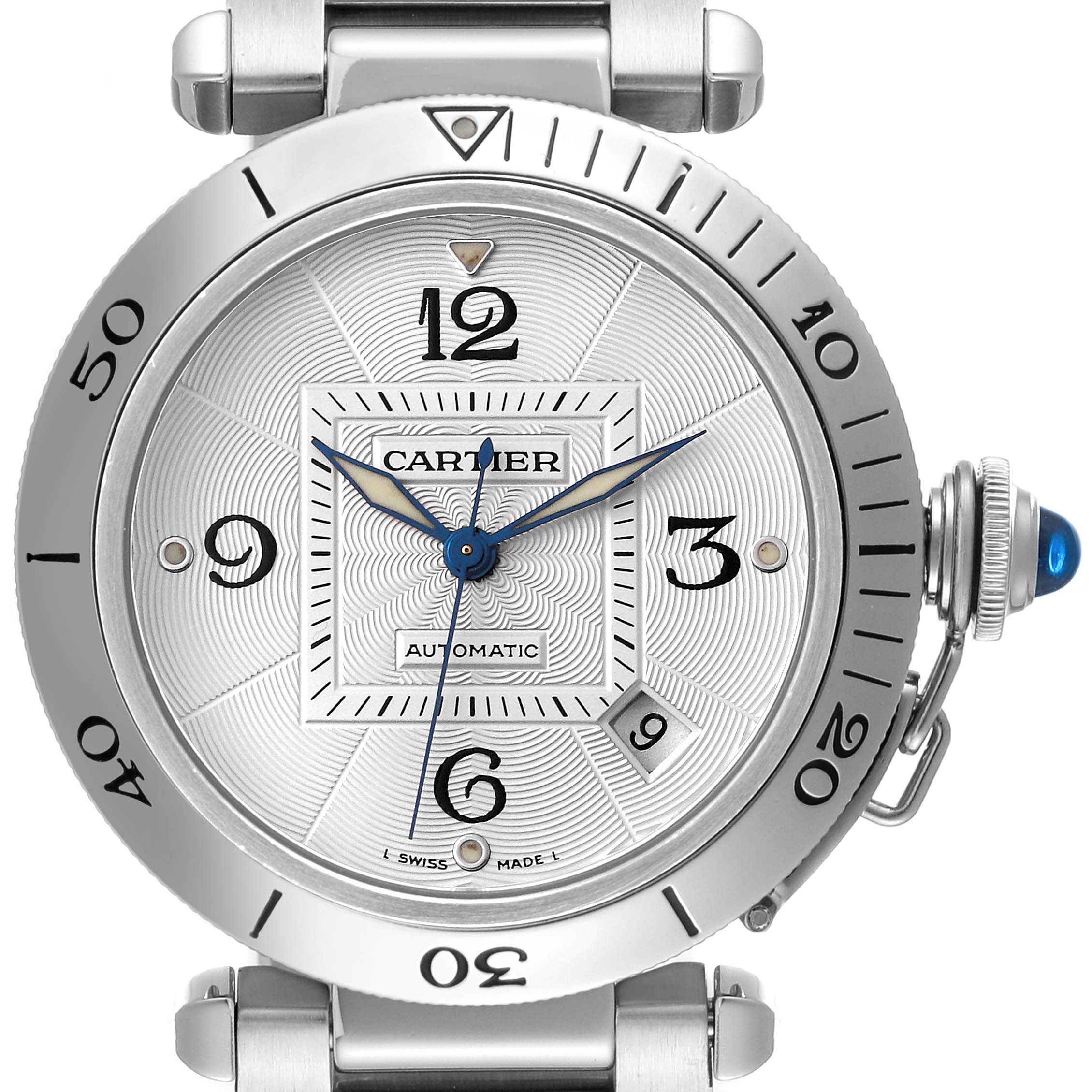 The image shows a close-up of the Cartier Pasha W31059H3 Men
s Stainless Steel Silver Dial W31059H3 Men
s Stainless Steel Silver Dial watch, highlighting its face, bezel, and crown.