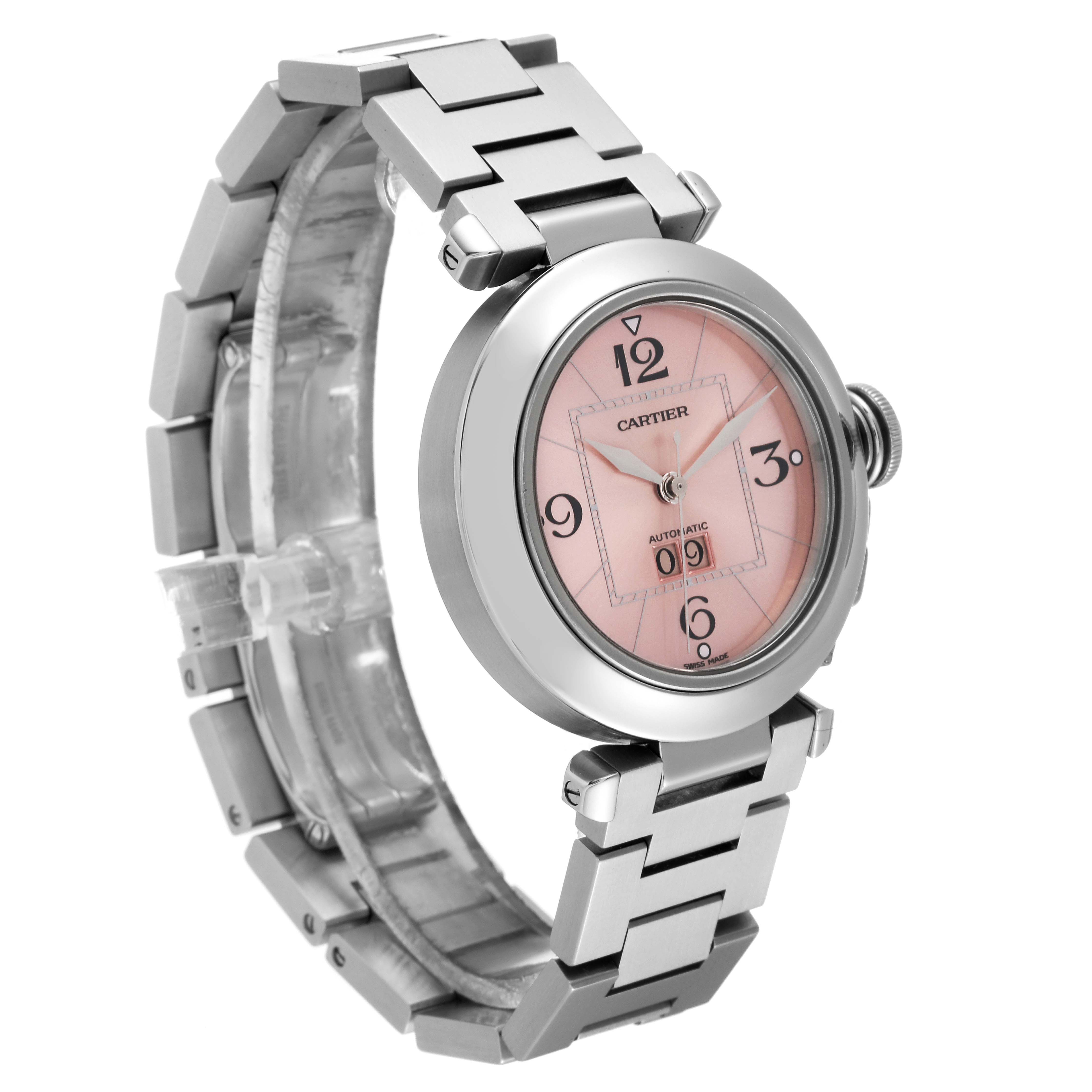 The image shows a Cartier Pasha W31058M7 Women's Stainless Steel Pink Dial W31058M7 Women's Stainless Steel Pink Dial watch with a pink dial, viewed at an angle highlighting its face and metal bracelet.