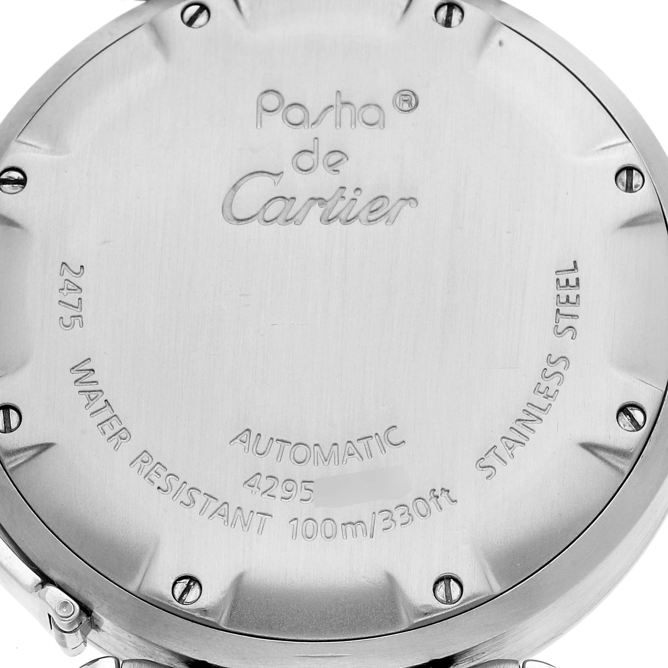 The image shows the back case of the Cartier Pasha W31058M7 Women's Stainless Steel Pink Dial W31058M7 Women's Stainless Steel Pink Dial model watch, displaying engravings and specifications.