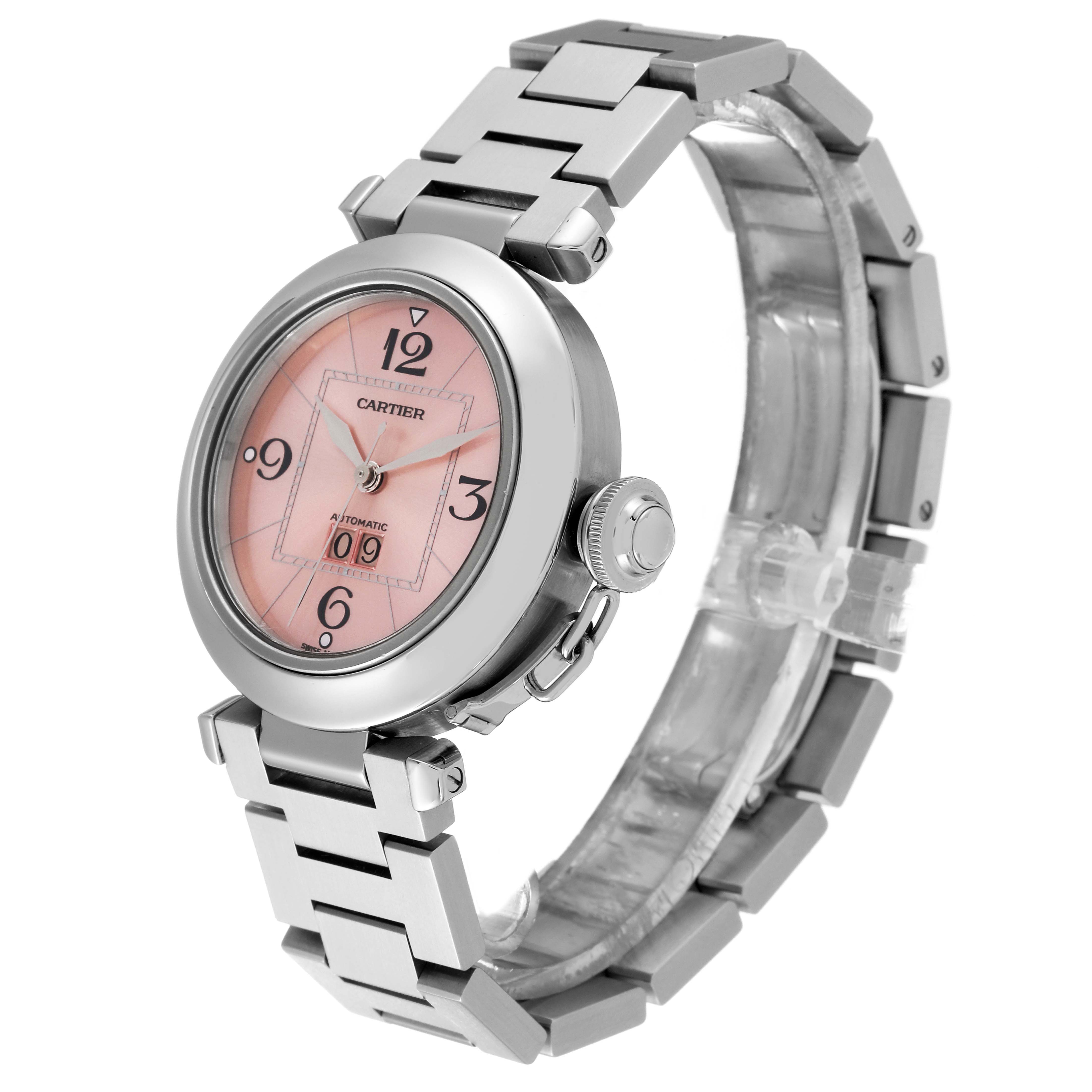 The image shows a Cartier Pasha W31058M7 Women's Stainless Steel Pink Dial W31058M7 Women's Stainless Steel Pink Dial watch at a three-quarter angle, displaying the face, bracelet, and crown.