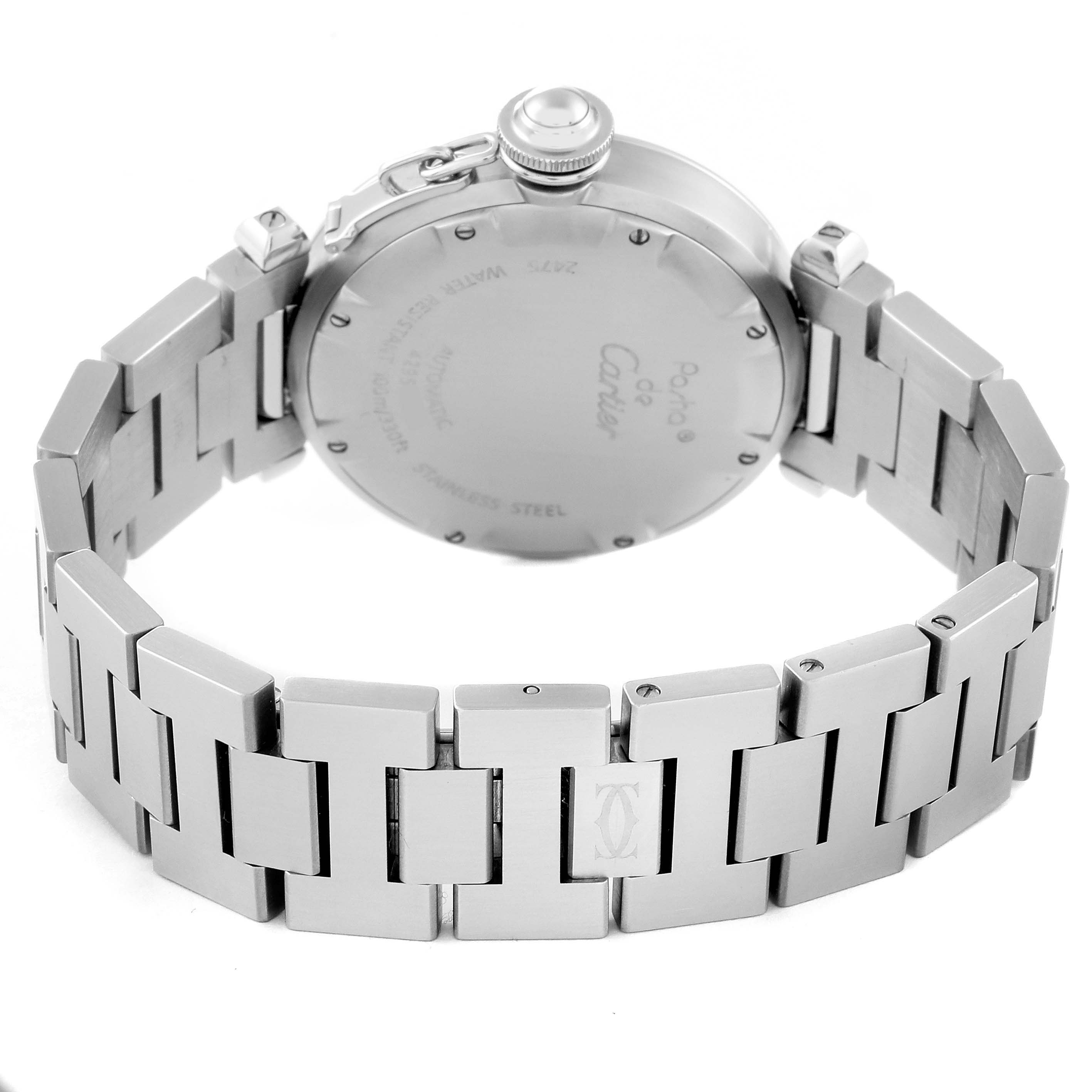 The image shows the back case and bracelet of a Cartier Pasha W31058M7 Women's Stainless Steel Pink Dial W31058M7 Women's Stainless Steel Pink Dial watch.