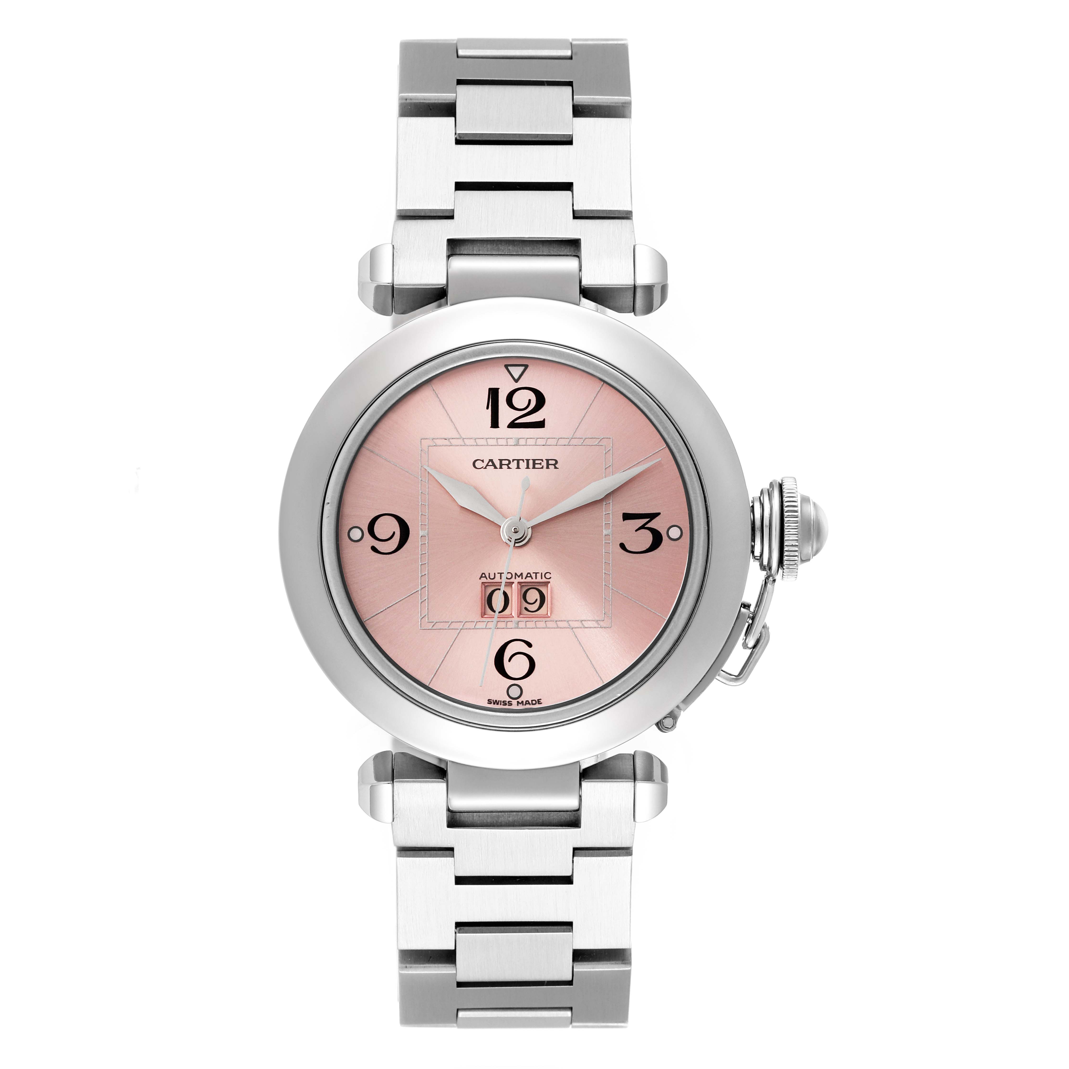 This image shows a front view of the Cartier Pasha W31058M7 Women's Stainless Steel Pink Dial W31058M7 Women's Stainless Steel Pink Dial watch, highlighting its dial, bracelet, and crown.