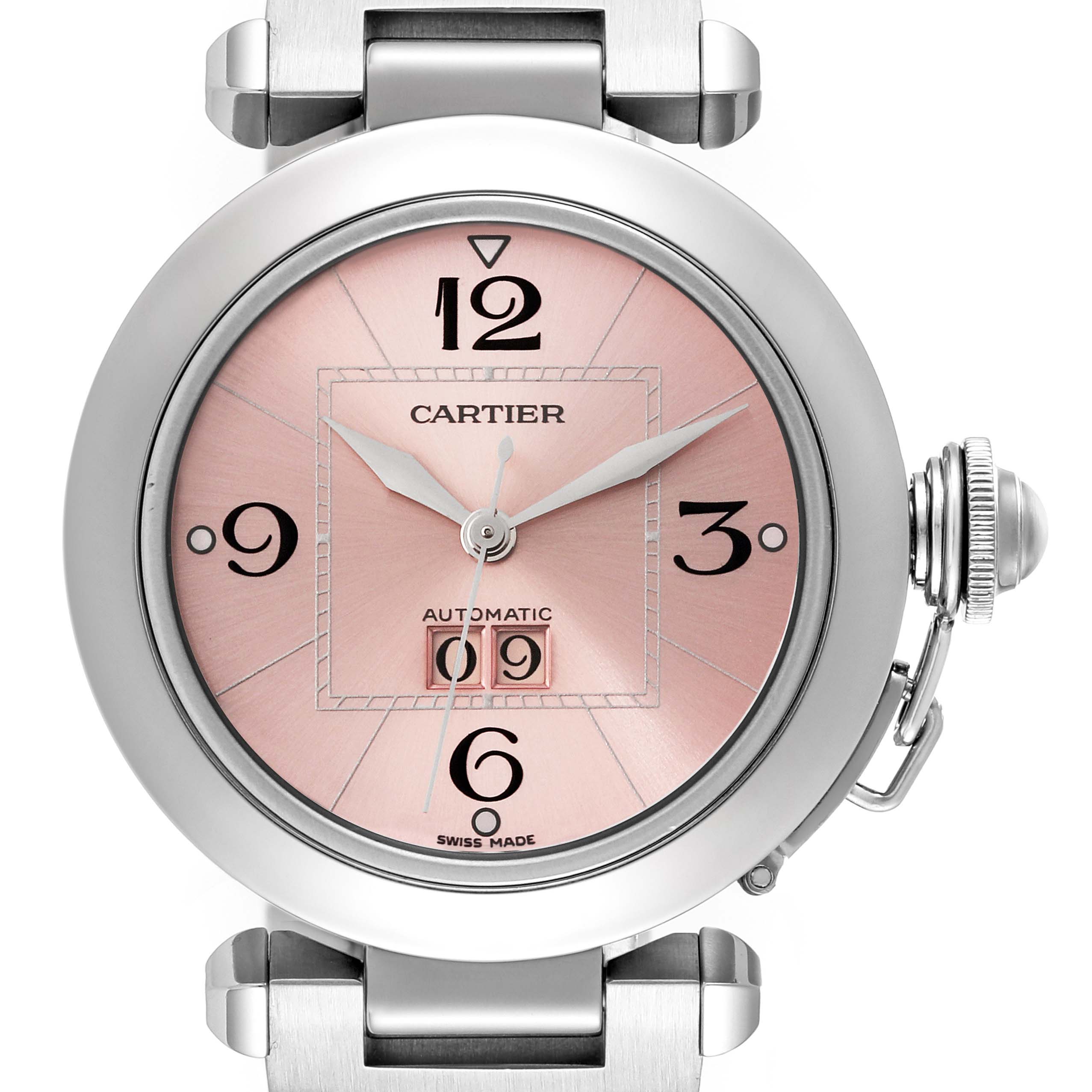 The image shows a front view of the Cartier Pasha W31058M7 Women's Stainless Steel Pink Dial W31058M7 Women's Stainless Steel Pink Dial watch, highlighting the pink dial, numerals, hands, and stainless steel case.