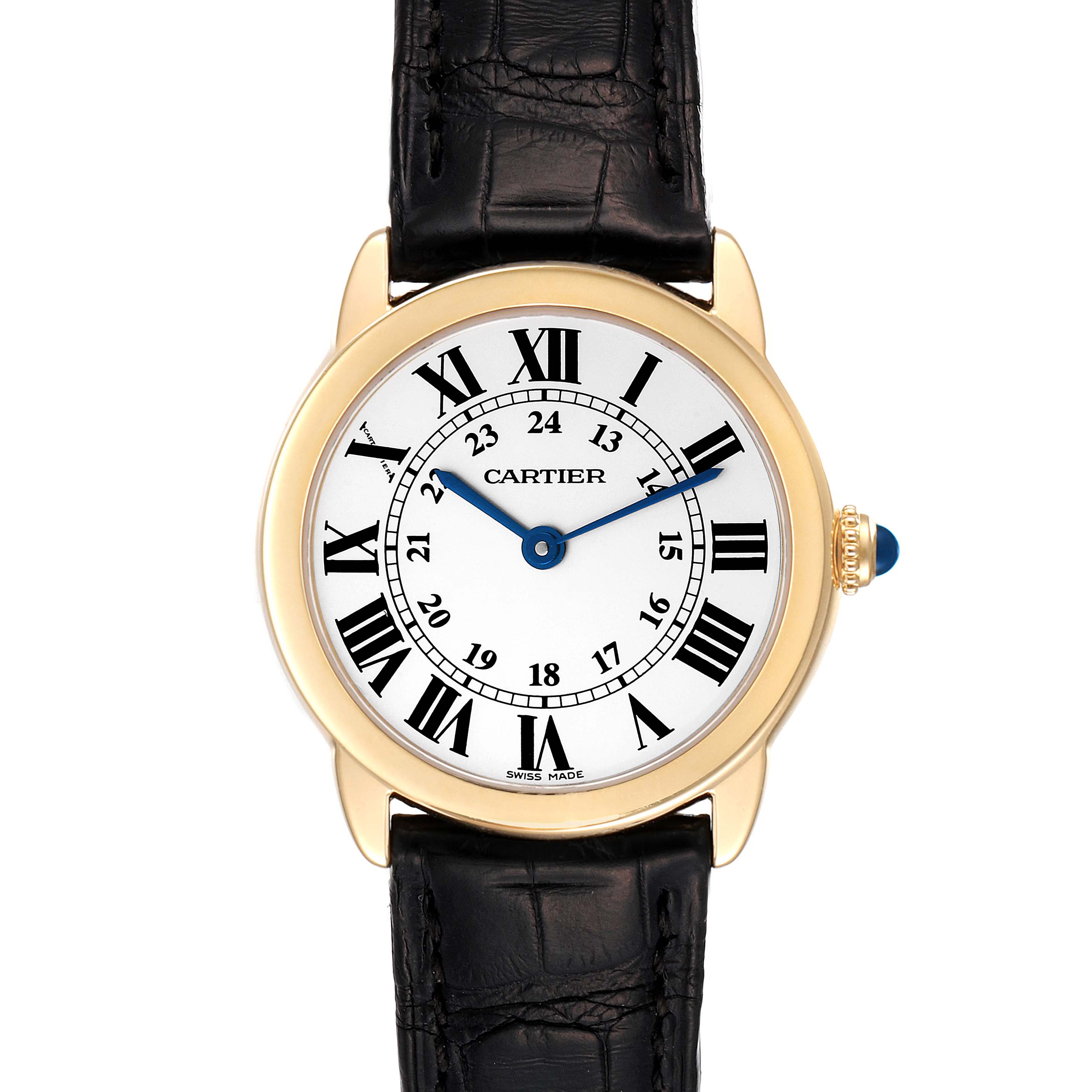 The Cartier Ronde W6700355 Women's Yellow Gold Silver Dial W6700355 Women's Yellow Gold Silver Dial model watch is shown from a front angle, displaying the dial, bezel, hands, and leather strap.