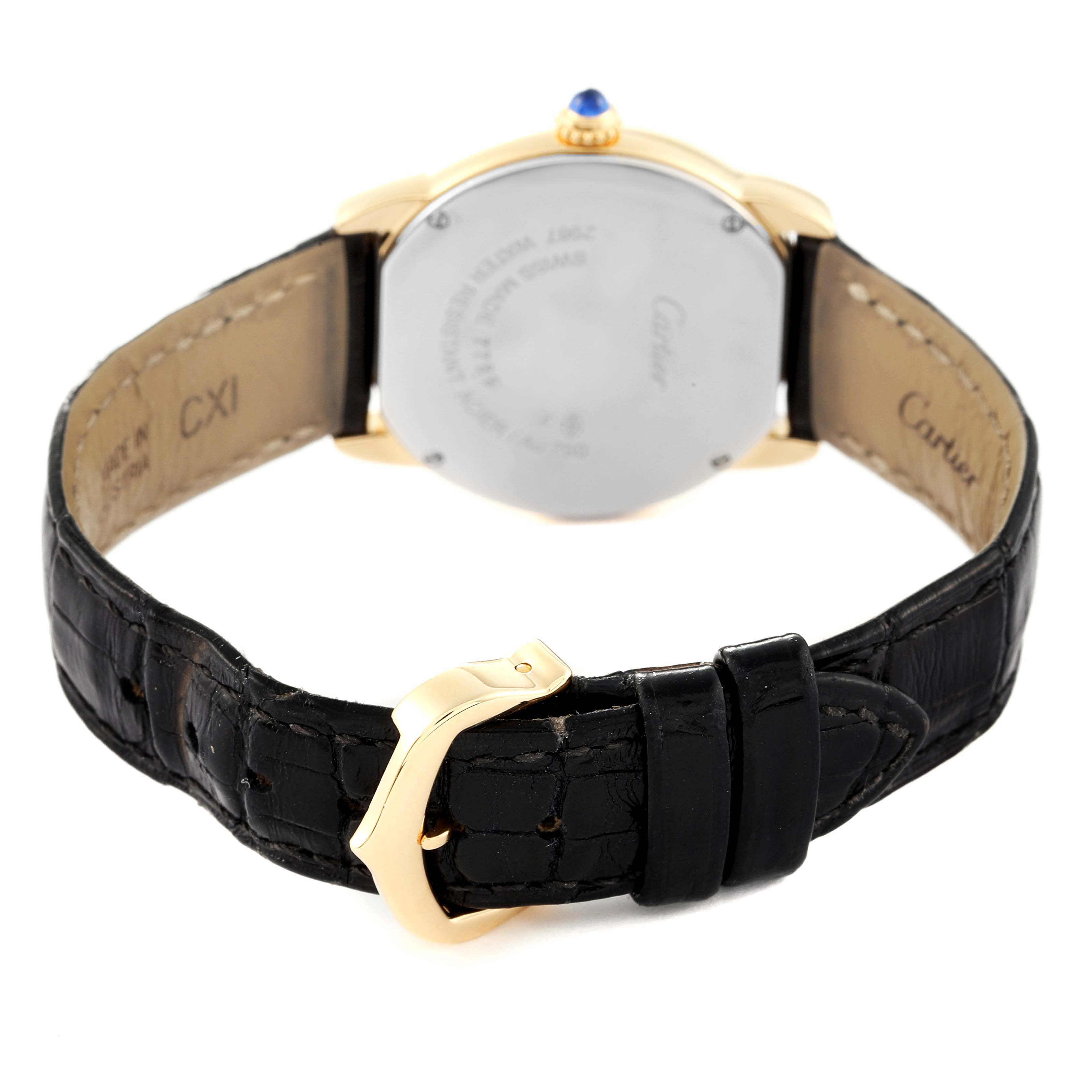 The image shows the back view of a Cartier Ronde W6700355 Women's Yellow Gold Silver Dial W6700355 Women's Yellow Gold Silver Dial watch, highlighting its black leather strap and gold buckle.