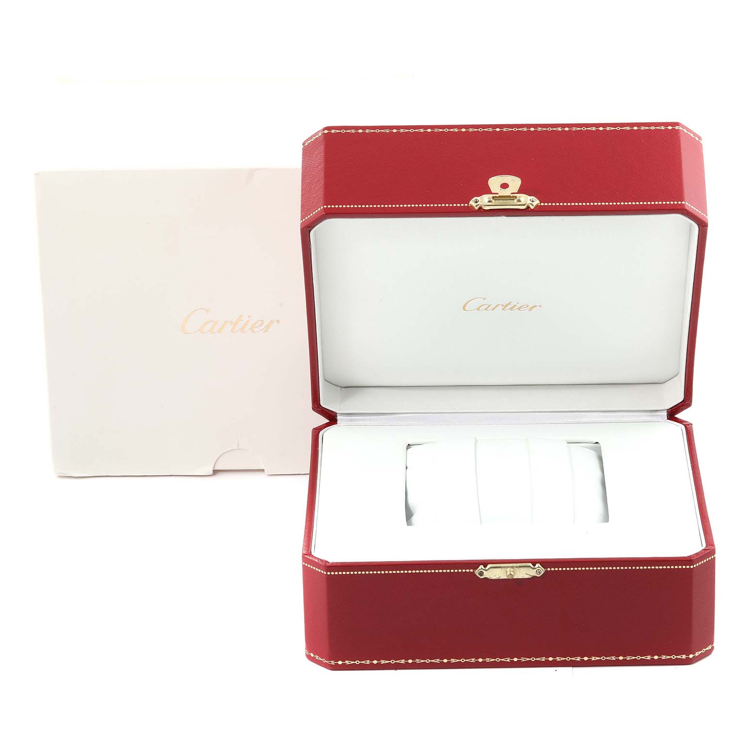 The image shows an open Cartier Ronde W6700355 Women's Yellow Gold Silver Dial W6700355 Women's Yellow Gold Silver Dial model watch box, revealing the interior and packaging.