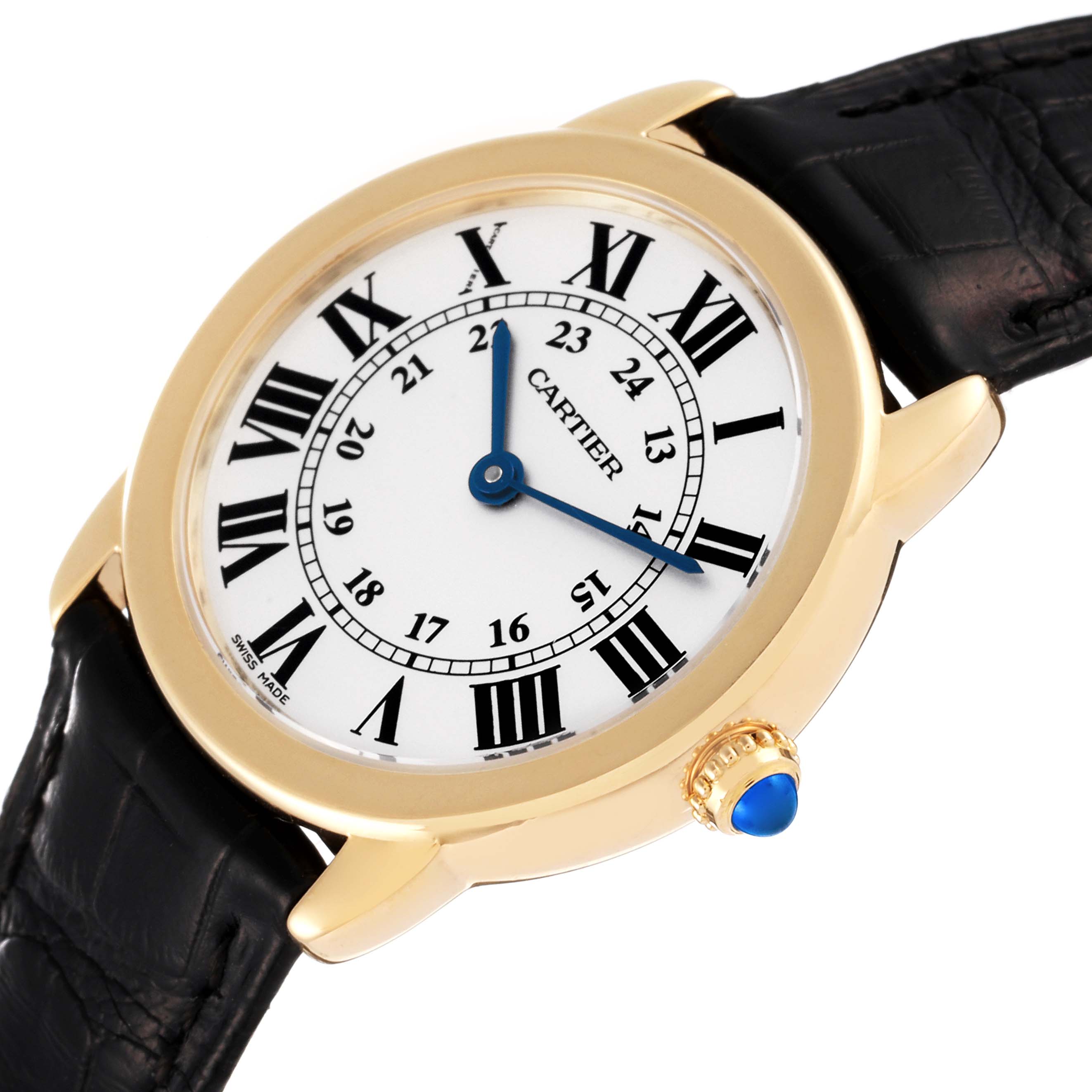 The image shows a Cartier Ronde W6700355 Women's Yellow Gold Silver Dial W6700355 Women's Yellow Gold Silver Dial watch at a slight angle, highlighting its gold bezel, white dial, blue hands, and black leather strap.