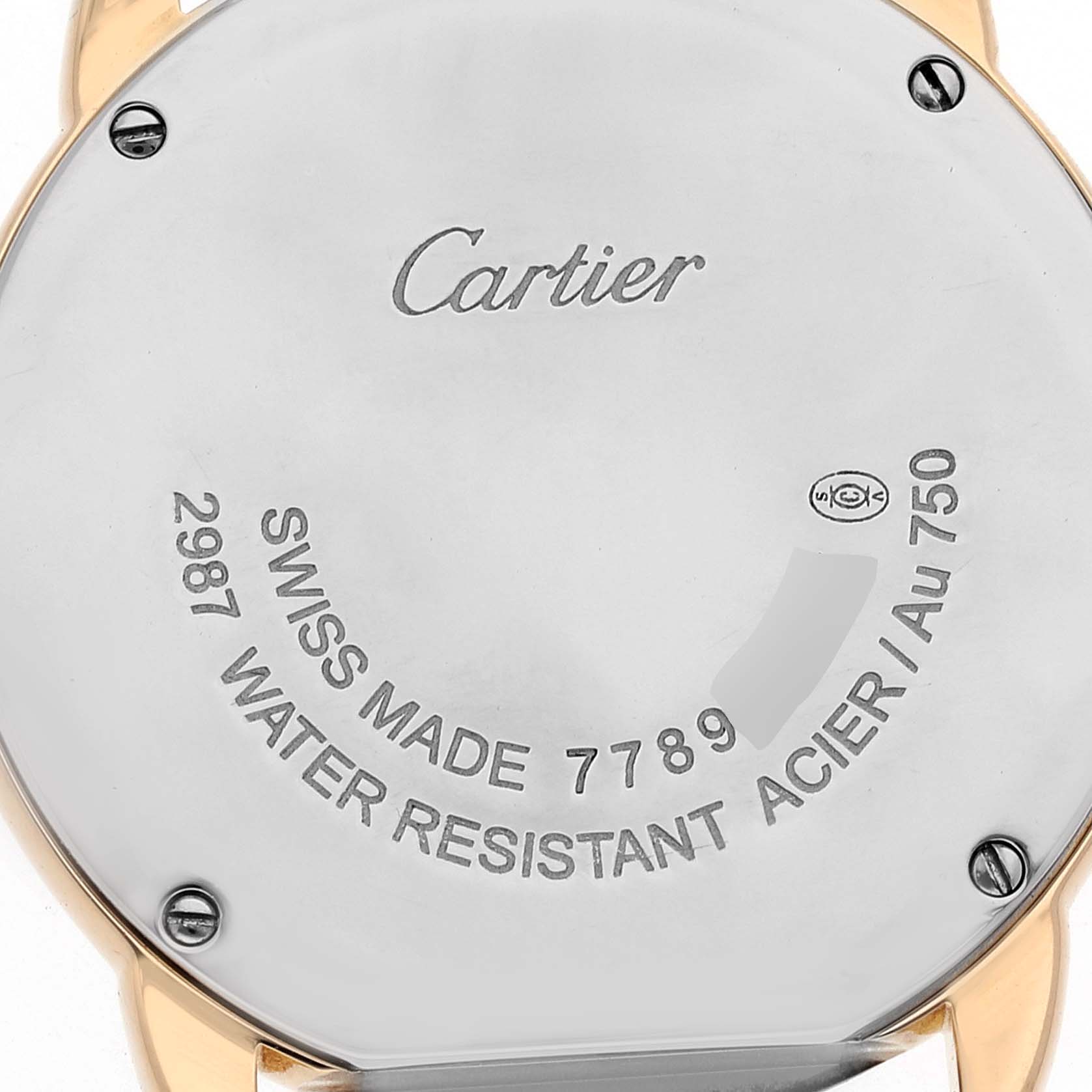 This image shows the back case of a Ronde model watch by Cartier, highlighting brand markings and specifications.