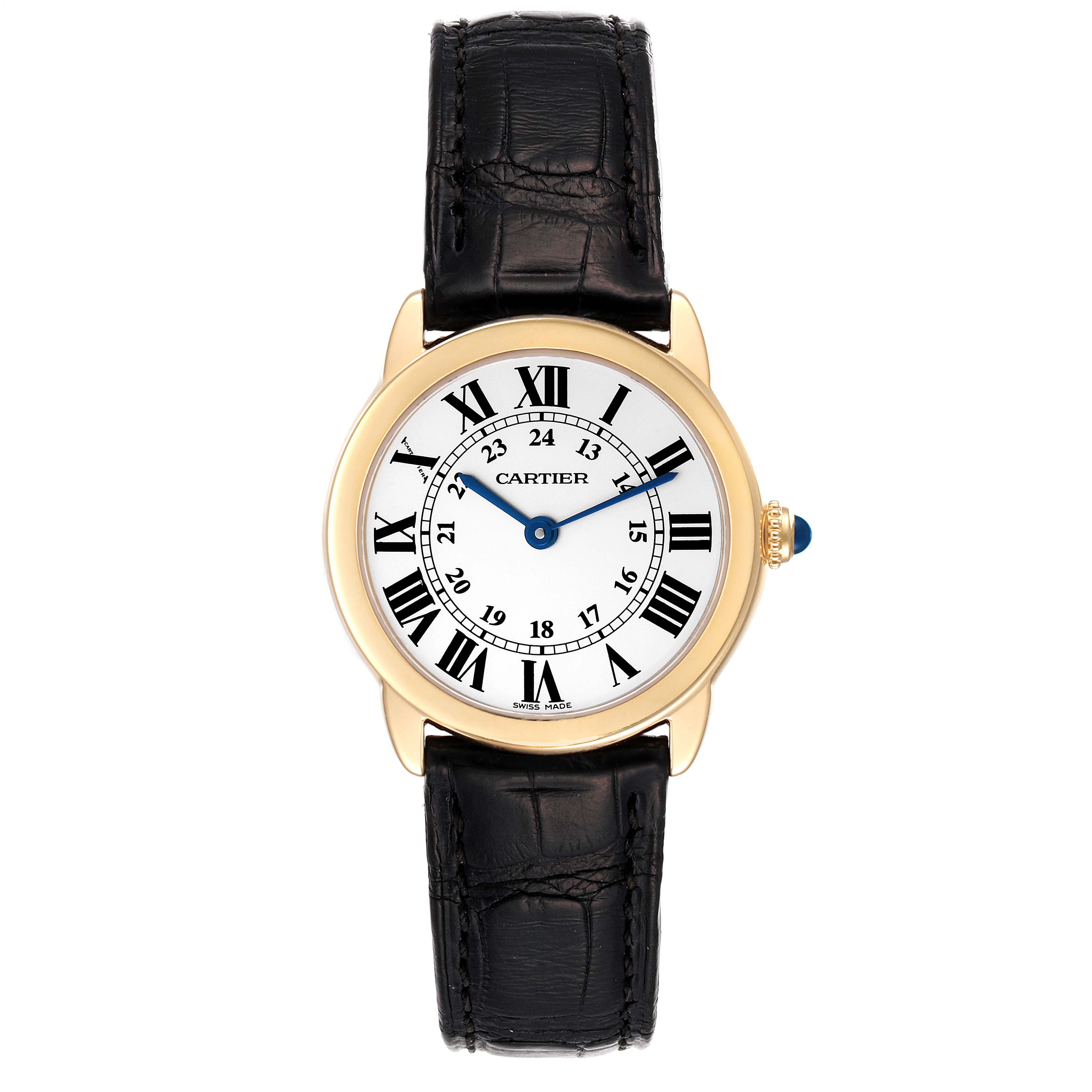The image shows a front view of the Ronde model by Cartier, displaying its face, hands, crown, and leather strap.