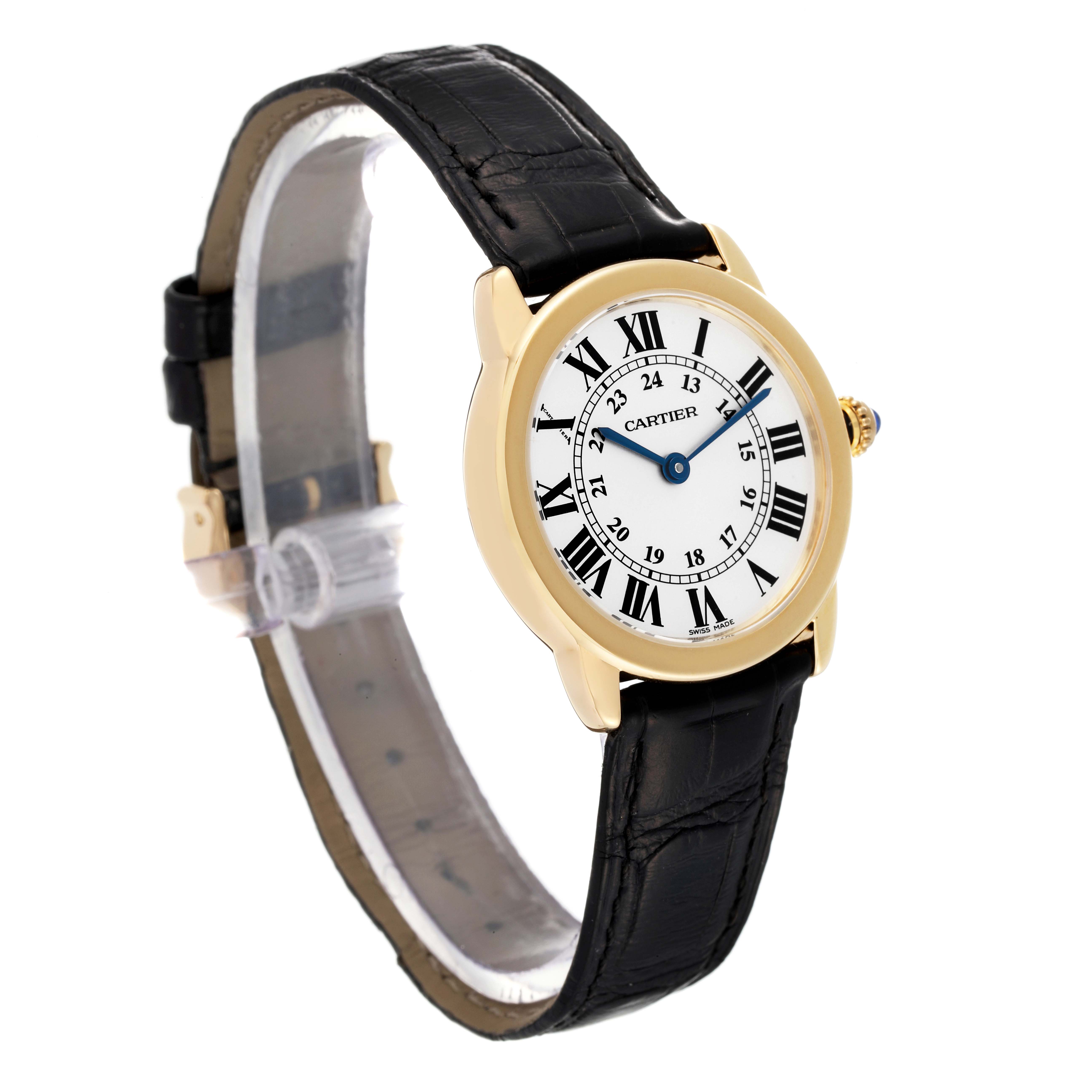 The image shows a Ronde model Cartier watch at a slight angle, displaying the face, bezel, strap, and crown.