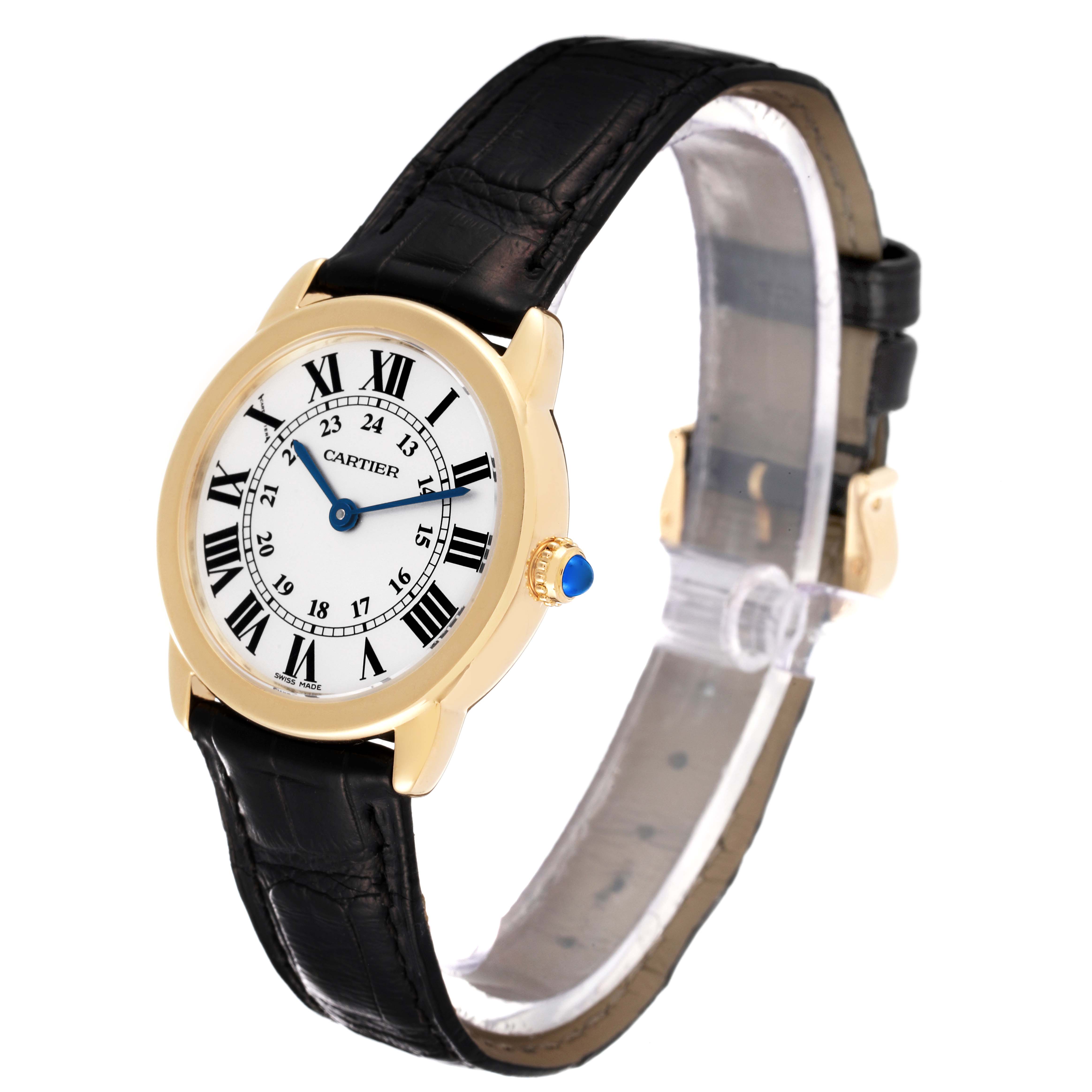 The image shows the face and strap of a Cartier Ronde W6700355 Women's Yellow Gold Silver Dial W6700355 Women's Yellow Gold Silver Dial watch at a three-quarter angle.
