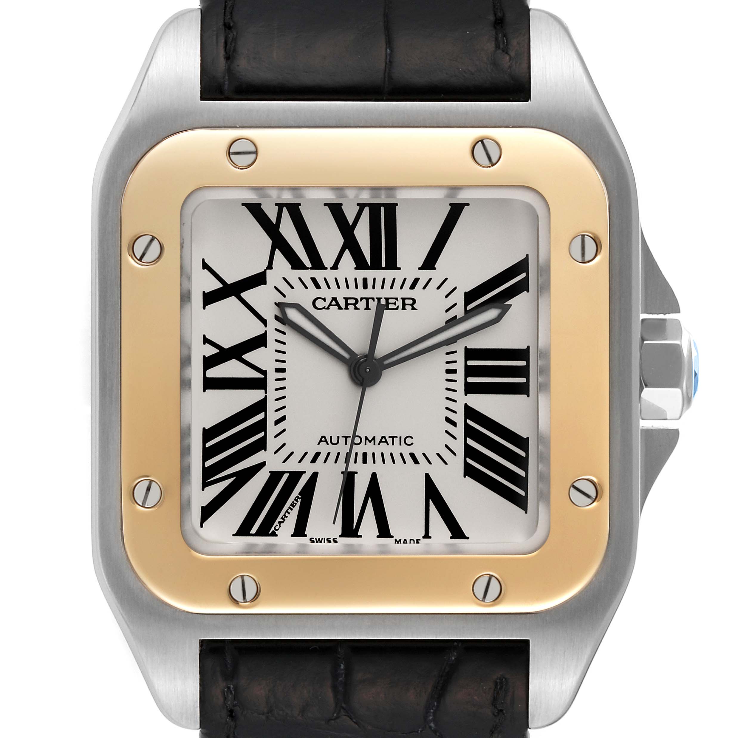 The image shows a front view of a Cartier Santos W20072X7 Men's Steel and Gold (two tone) Silver Dial W20072X7 Men's Steel and Gold (two tone) Silver Dial watch, highlighting its dial, bezel, and strap.