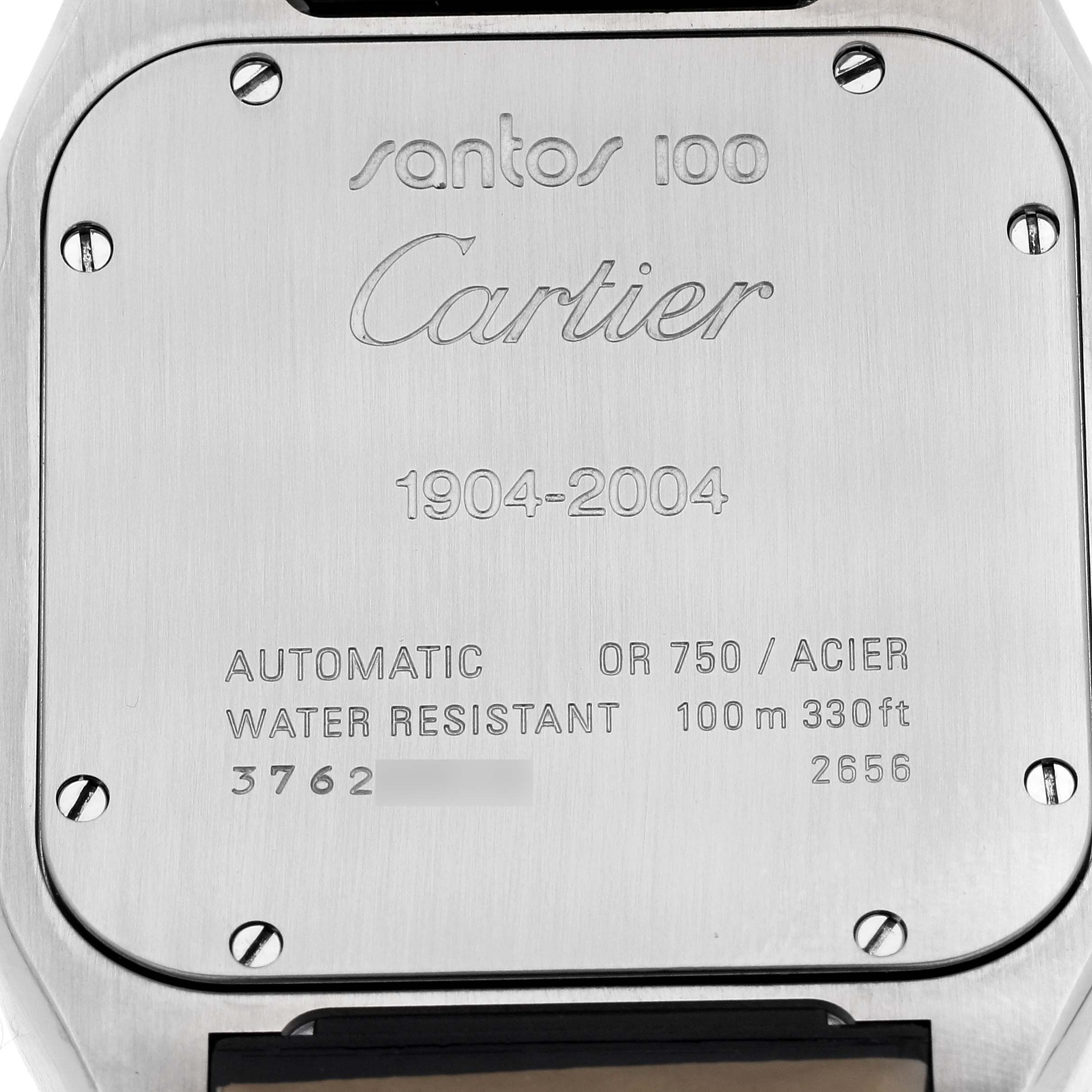 This image shows the back cover of a Santos model Cartier watch, highlighting the engraved specifications.