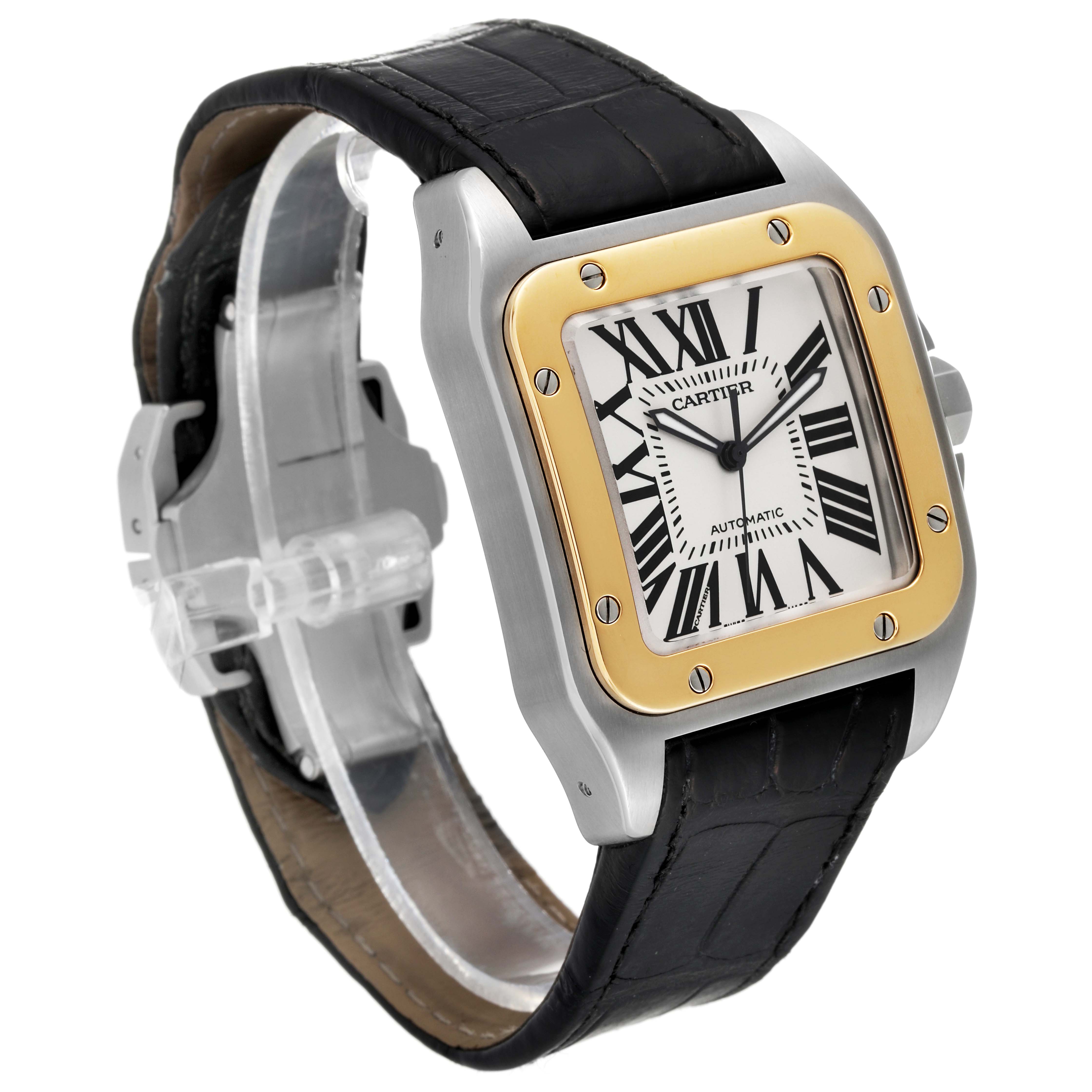 The Cartier Santos W20072X7 Men's Steel and Gold (two tone) Silver Dial W20072X7 Men's Steel and Gold (two tone) Silver Dial watch is shown at an angle highlighting its bezel, dial, and leather strap with a deployment clasp.
