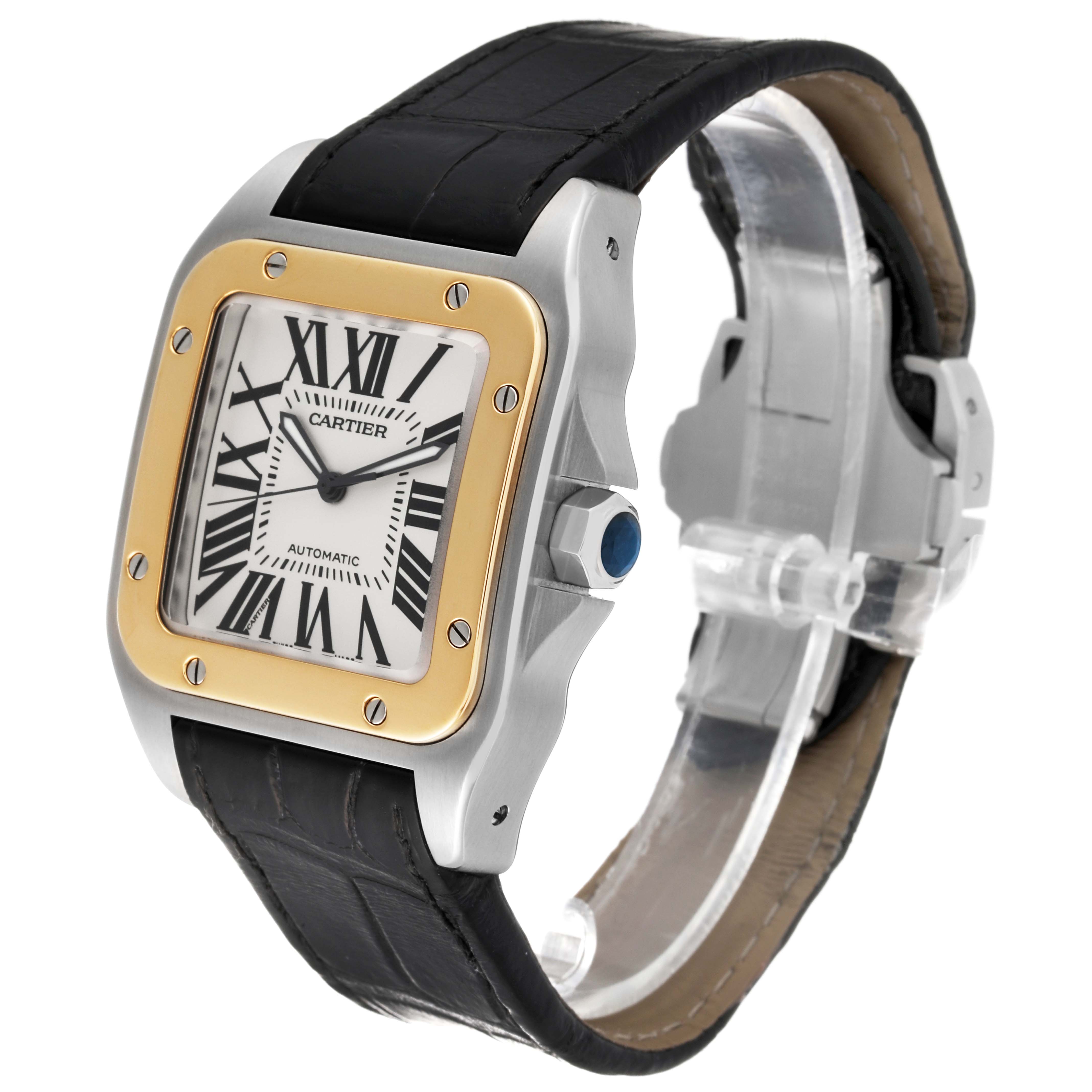 This image shows a side and front angle of the Cartier Santos W20072X7 Men's Steel and Gold (two tone) Silver Dial W20072X7 Men's Steel and Gold (two tone) Silver Dial watch, featuring its dial, bezel, and strap.