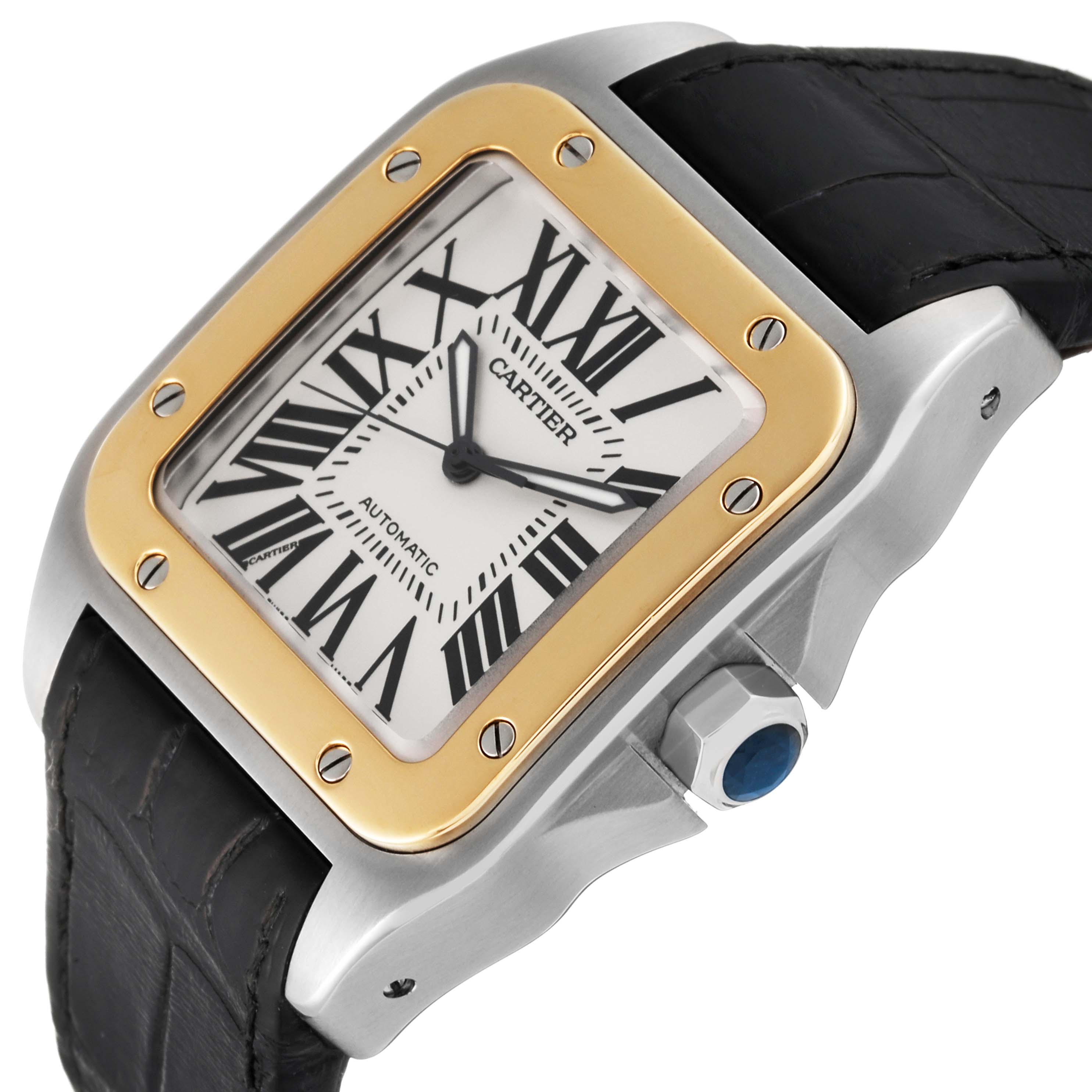 The image shows a Santos de Cartier watch at an angle highlighting the face, bezel, case, crown, and part of the strap.
