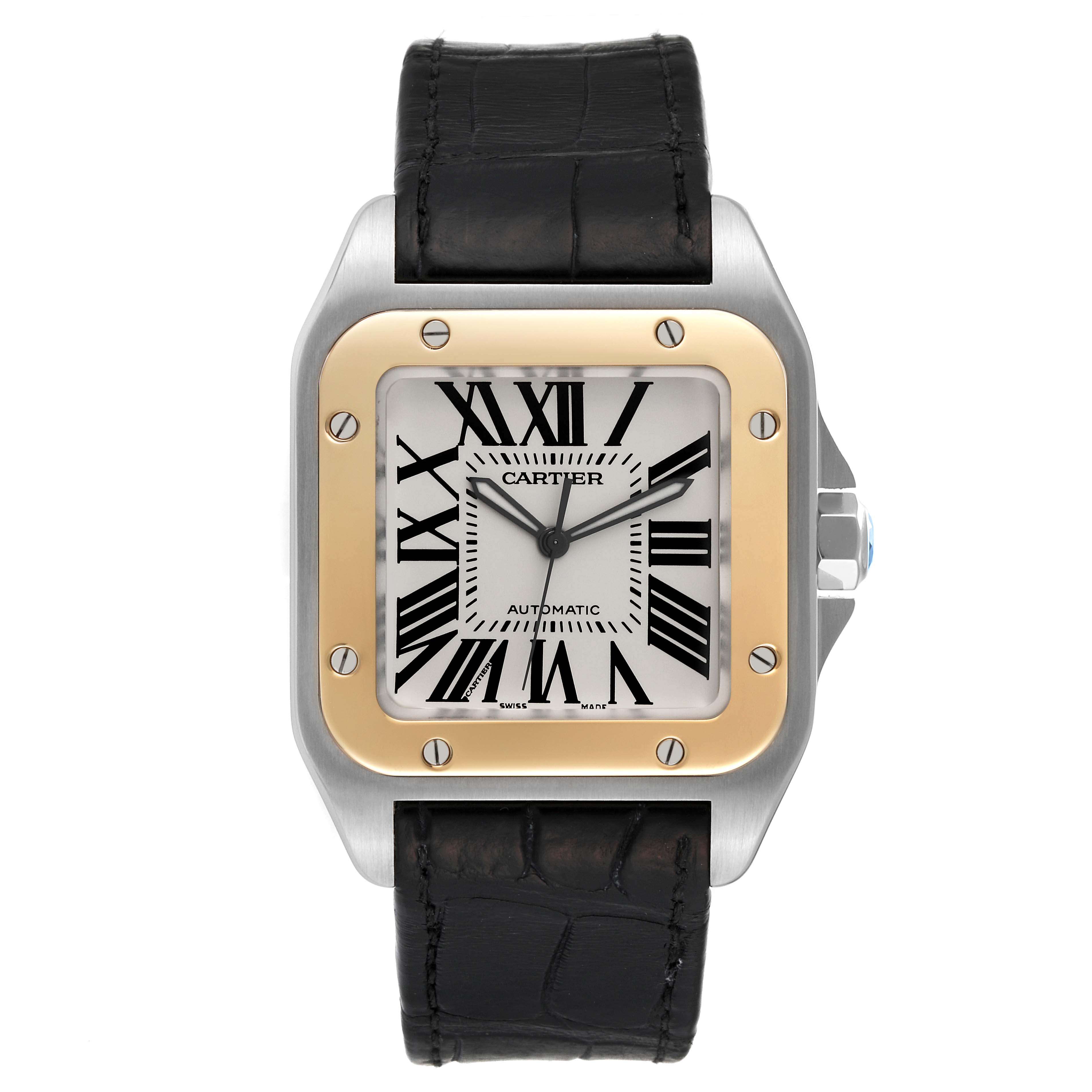 This image shows a front view of a Cartier Santos W20072X7 Men's Steel and Gold (two tone) Silver Dial W20072X7 Men's Steel and Gold (two tone) Silver Dial watch with a black leather strap and a rectangular face.
