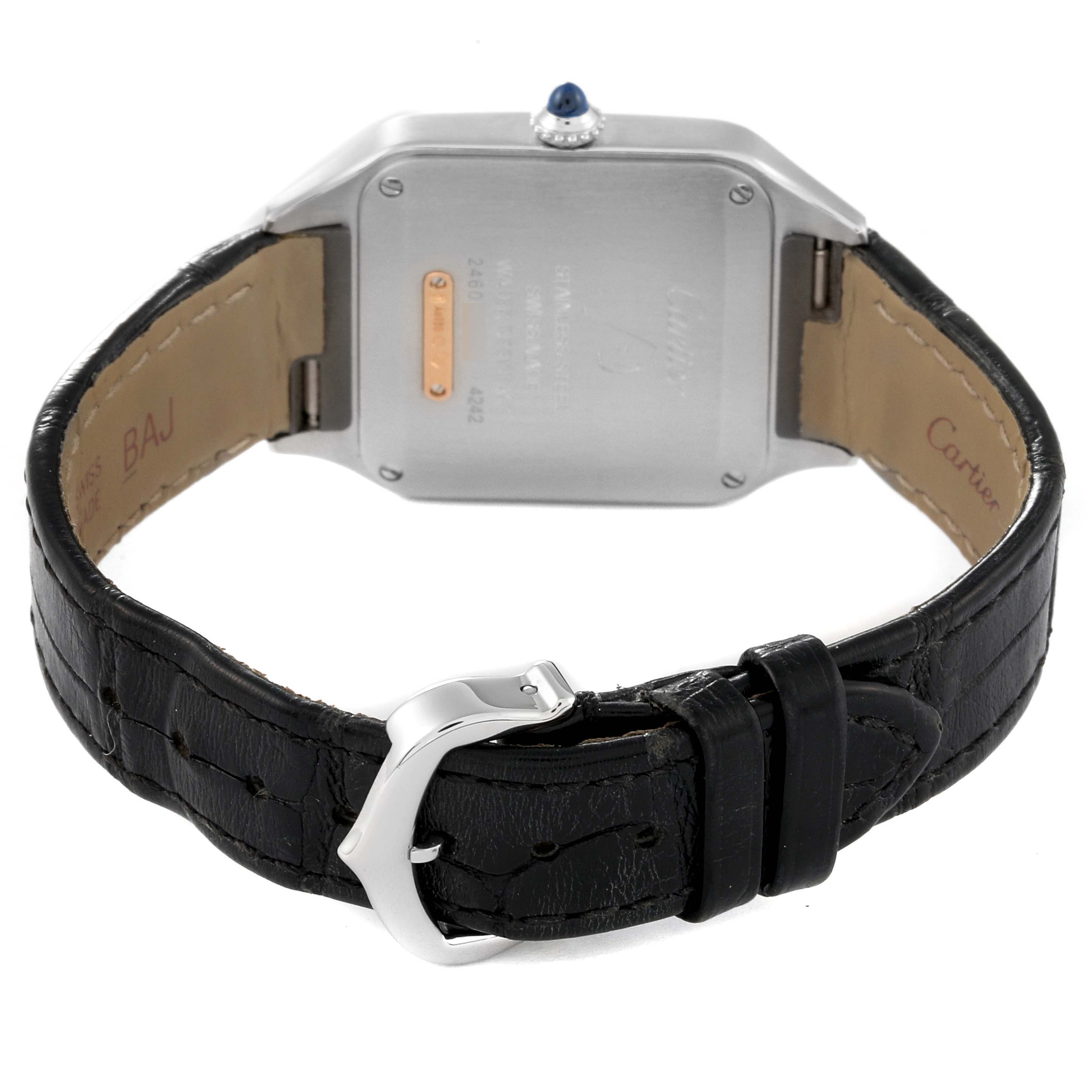 This image shows the back case, crown, and black leather strap with a buckle of a Cartier Santos W2SA0012 Women's Steel and Gold (two tone) Silver Dial W2SA0012 Women's Steel and Gold (two tone) Silver Dial watch.