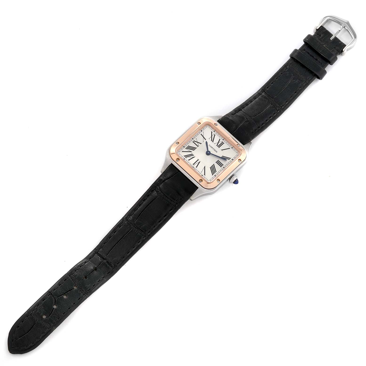 The Santos model by Cartier is shown from a top-down angle, featuring a square face, Roman numeral dial, leather strap, and metal buckle.