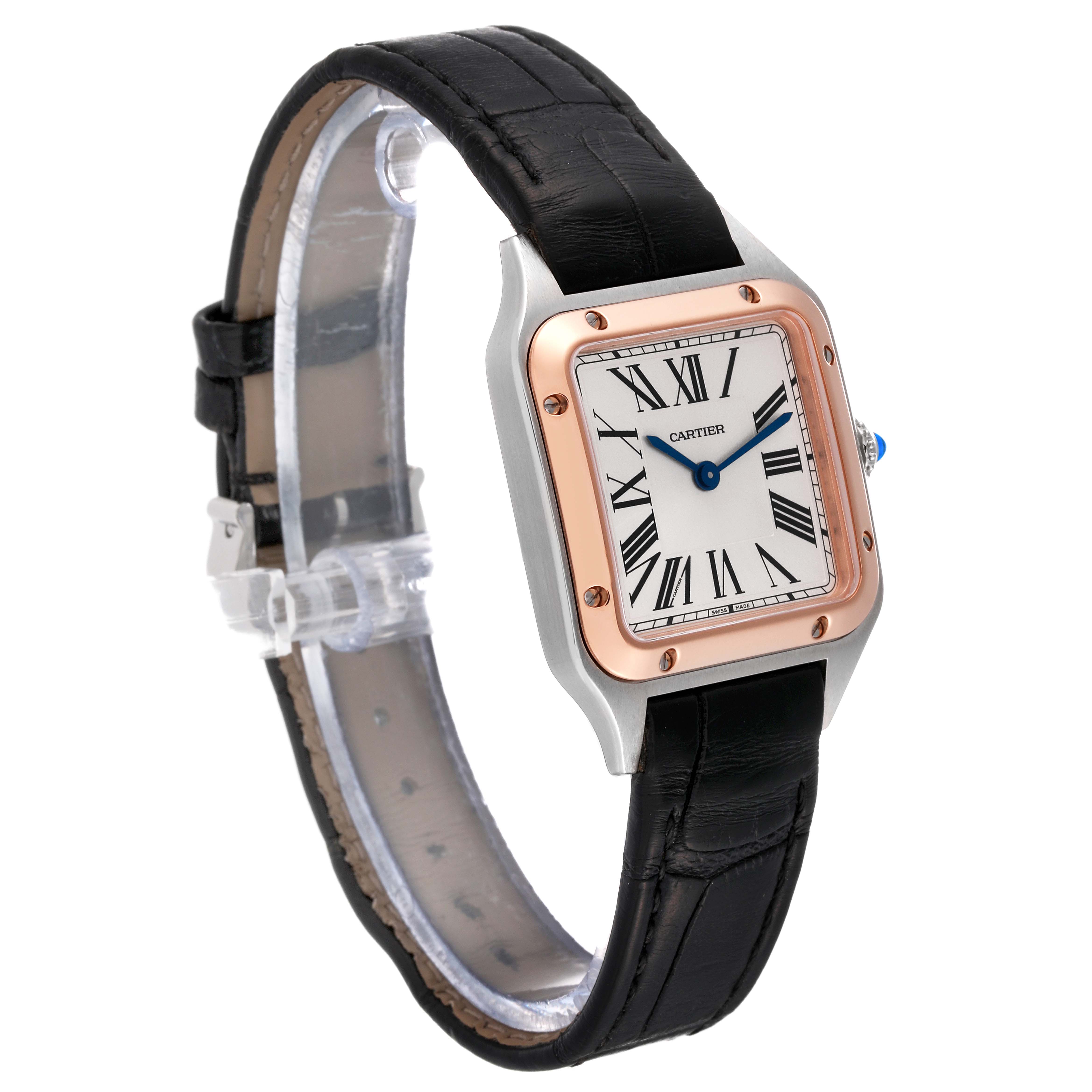 The image shows a Cartier Santos W2SA0012 Women's Steel and Gold (two tone) Silver Dial W2SA0012 Women's Steel and Gold (two tone) Silver Dial model watch at a three-quarter angle, highlighting its square face, Roman numerals, and black leather strap.