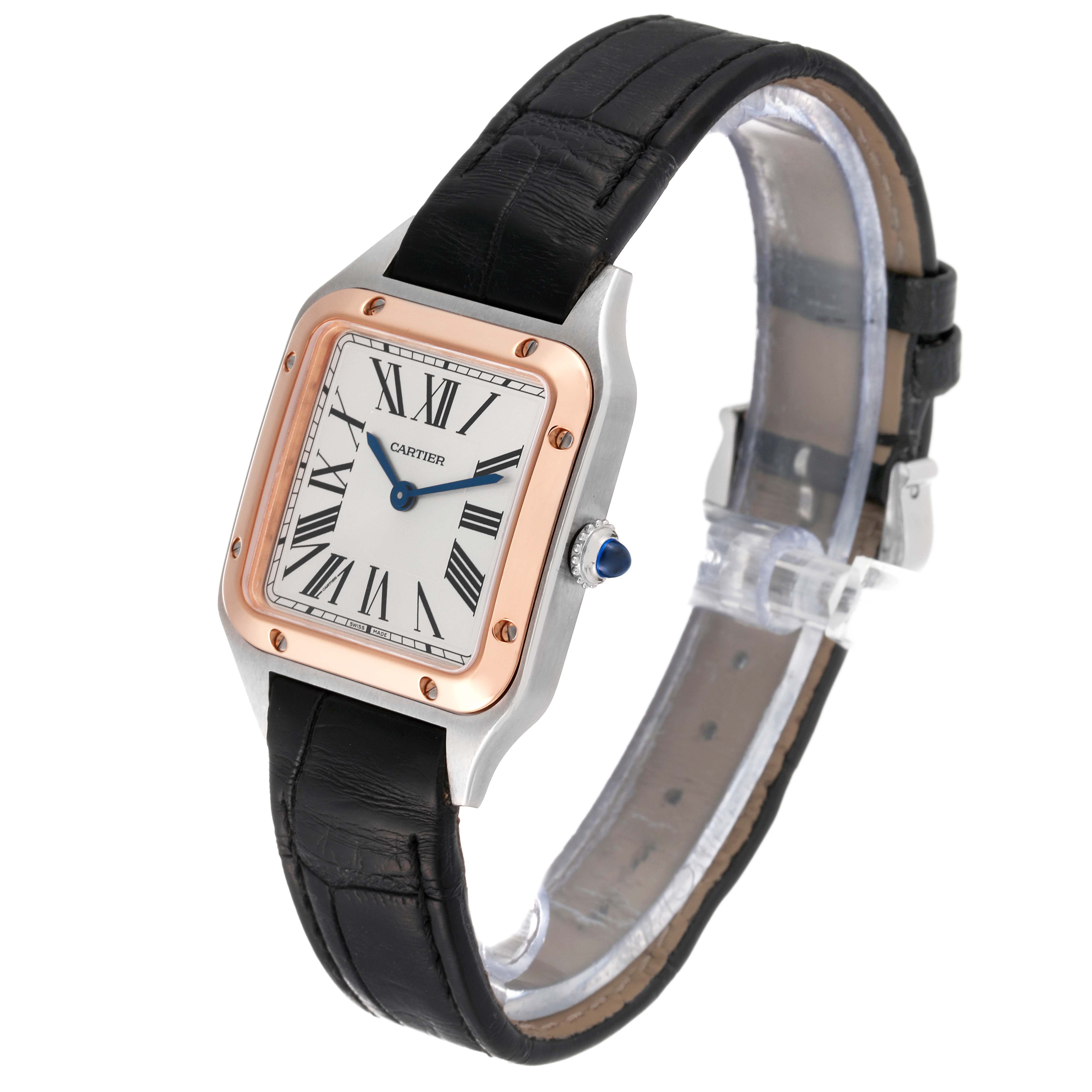 The image shows a Cartier Santos W2SA0012 Women's Steel and Gold (two tone) Silver Dial W2SA0012 Women's Steel and Gold (two tone) Silver Dial watch at an angle highlighting its face, bezel, crown, and leather strap.