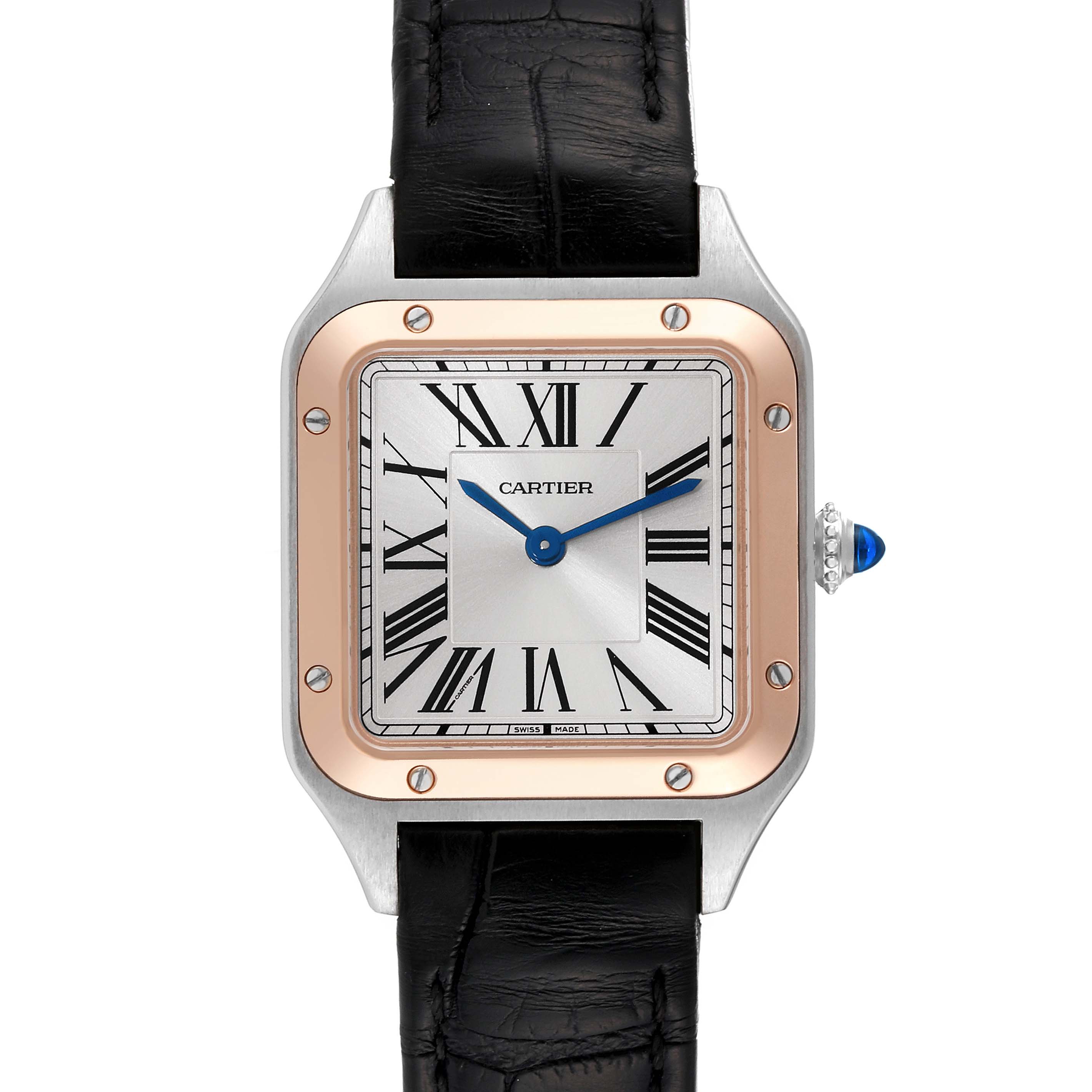 This image shows a frontal view of a Cartier Santos W2SA0012 Women's Steel and Gold (two tone) Silver Dial W2SA0012 Women's Steel and Gold (two tone) Silver Dial watch, featuring a rectangular dial, Roman numerals, and a black leather strap.