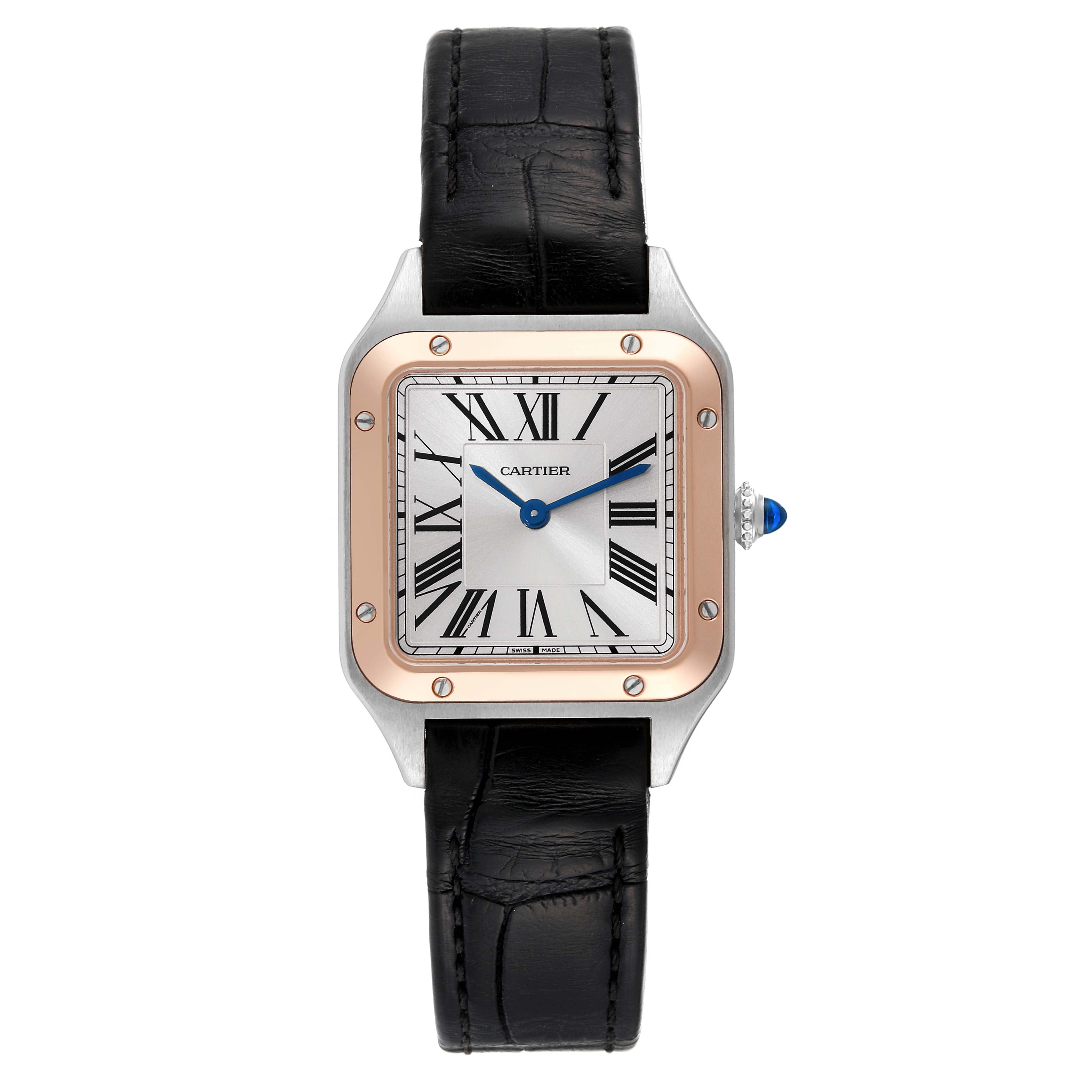The image shows a front view of a Cartier Santos W2SA0012 Women's Steel and Gold (two tone) Silver Dial W2SA0012 Women's Steel and Gold (two tone) Silver Dial watch featuring a black leather strap, a square dial with Roman numerals, and blue hands.