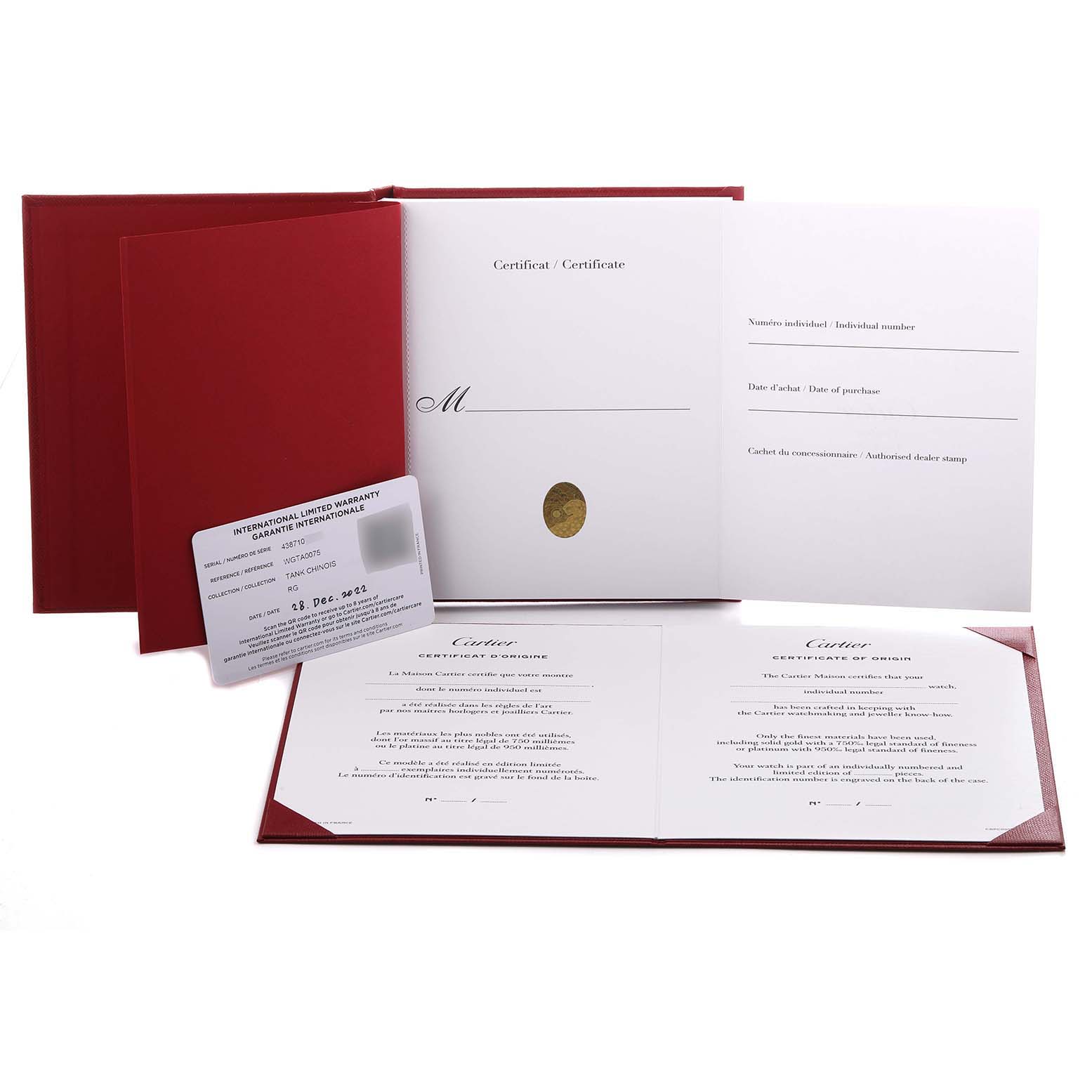 The image shows the warranty documents for a Cartier Tank Louis WGTA0075 Men's Rose Gold Silver Dial WGTA0075 Men's Rose Gold Silver Dial model, including certificates and a warranty card.