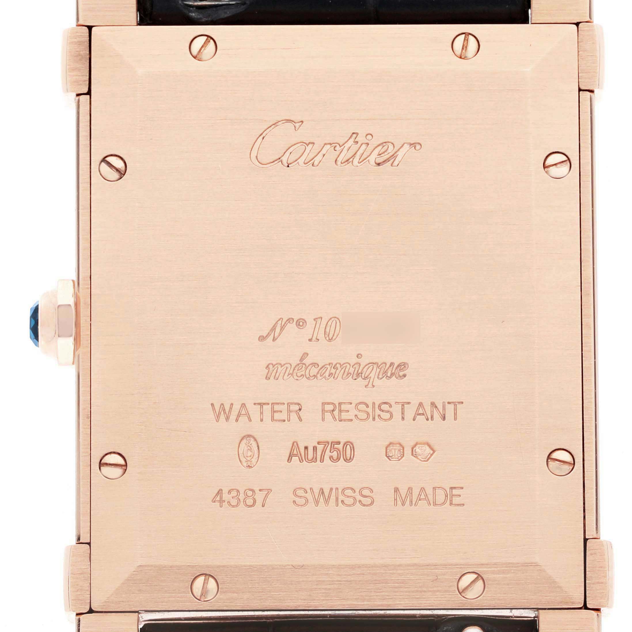 The image shows the back case of a Cartier Tank Louis WGTA0075 Men's Rose Gold Silver Dial watch, showcasing inscriptions and a blue cabochon crown.
