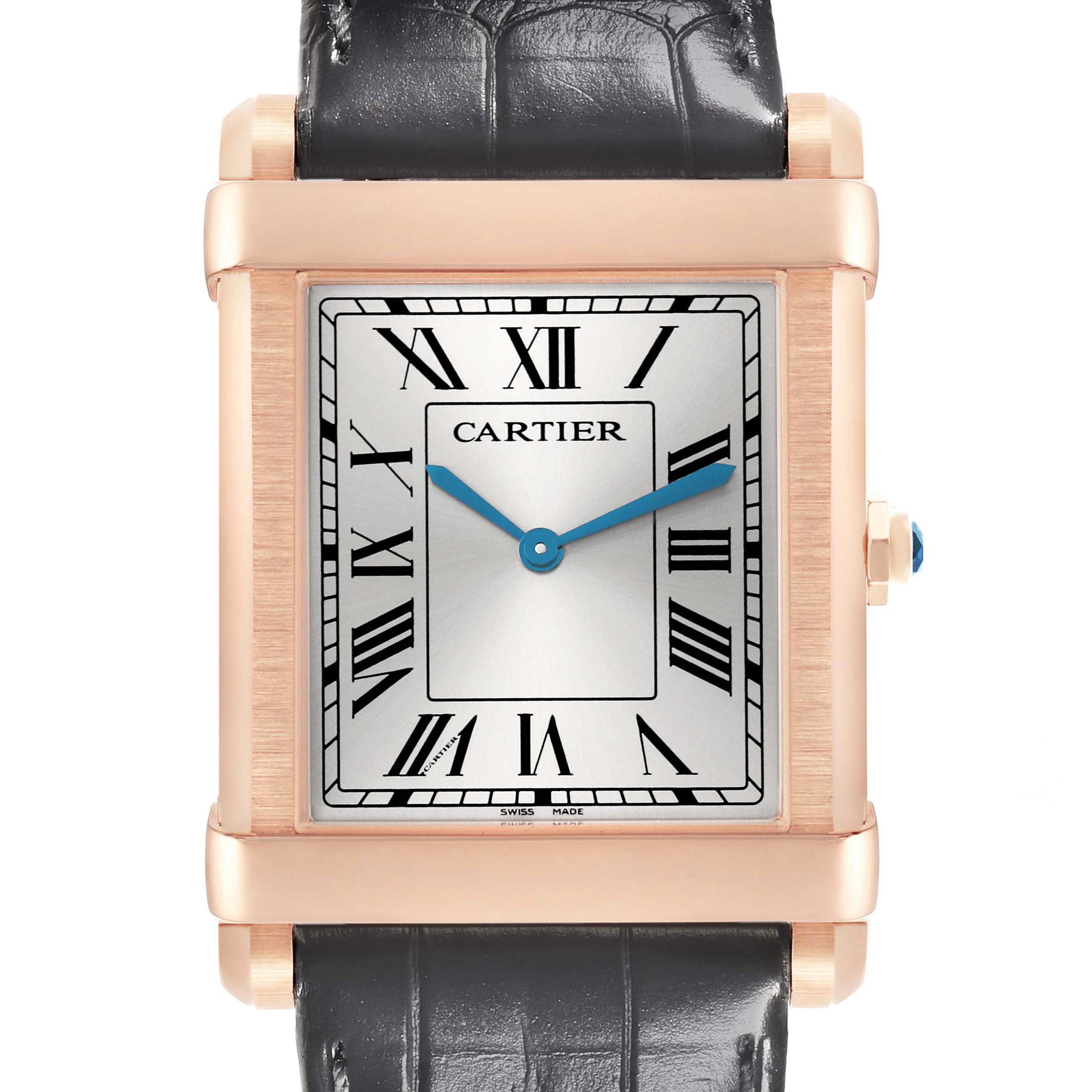 The Cartier Tank Louis WGTA0075 Men's Rose Gold Silver Dial watch is shown from the front, displaying its rectangular face, black Roman numerals, and gold casing.