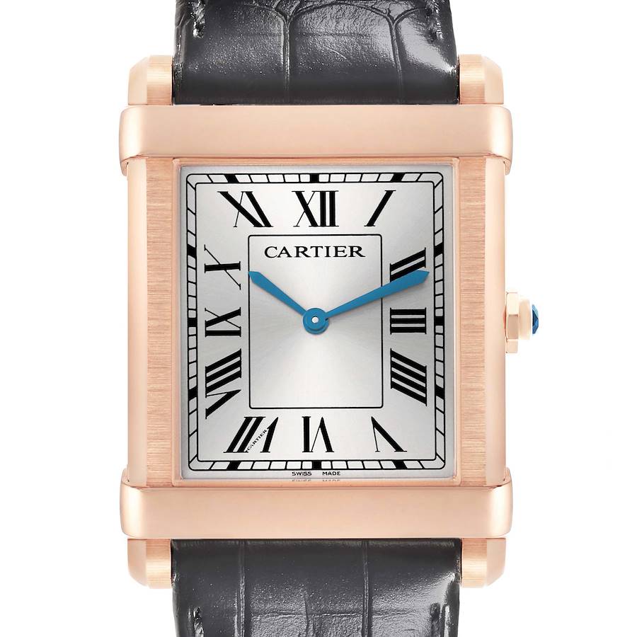 The Cartier Tank Louis WGTA0075 Men's Rose Gold Silver Dial watch is shown from the front, displaying its rectangular face, black Roman numerals, and gold casing.