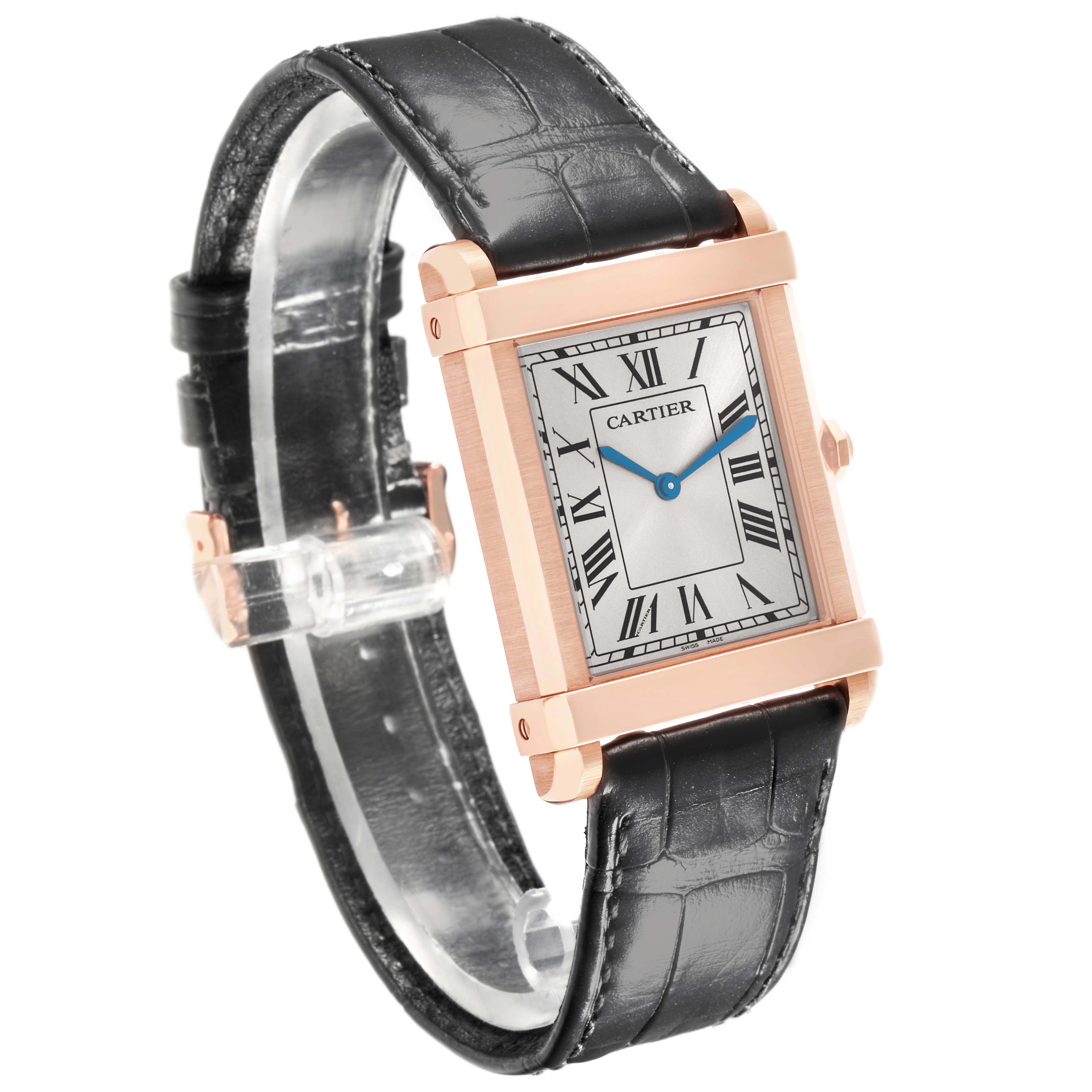 The Cartier Tank Louis WGTA0075 Men's Rose Gold Silver Dial watch is shown at a three-quarter angle, displaying the face, blue hands, black leather strap, and gold casing.