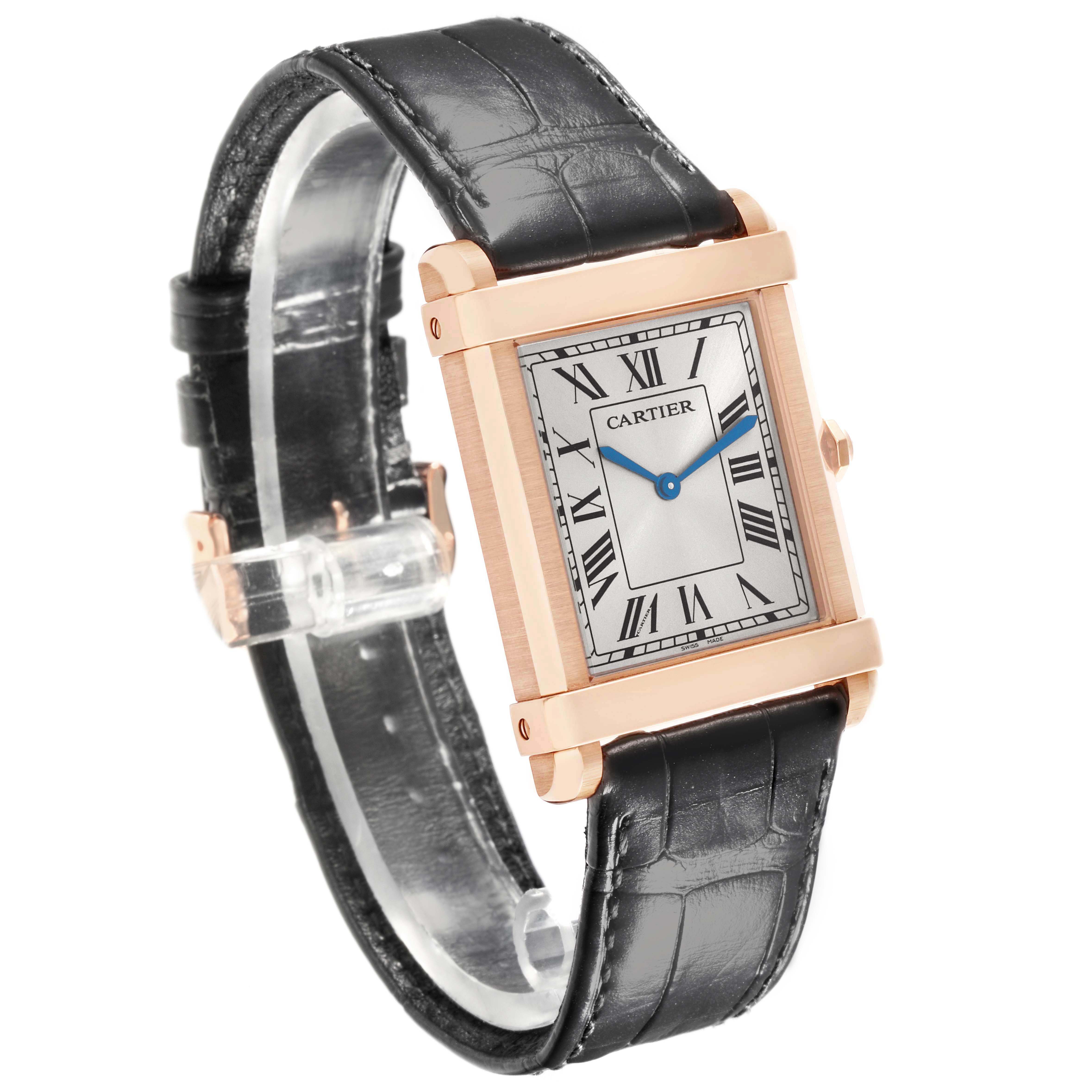 The Cartier Tank Louis WGTA0075 Men's Rose Gold Silver Dial watch is angled to show the rectangular face, Roman numerals, and leather strap.