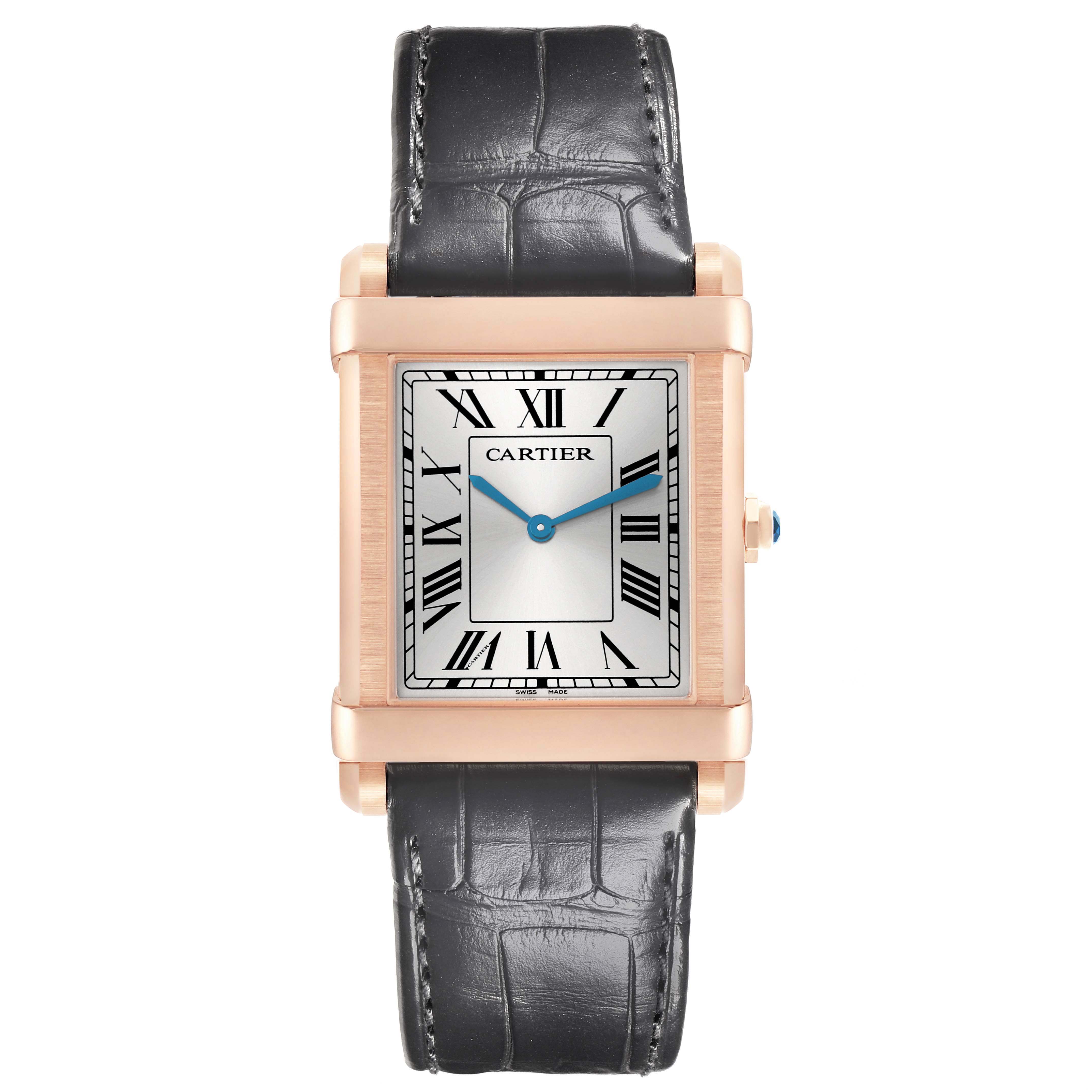 The Cartier Tank Louis WGTA0075 Men's Rose Gold Silver Dial watch is shown front view, displaying the rectangular dial, Roman numerals, and black leather strap.