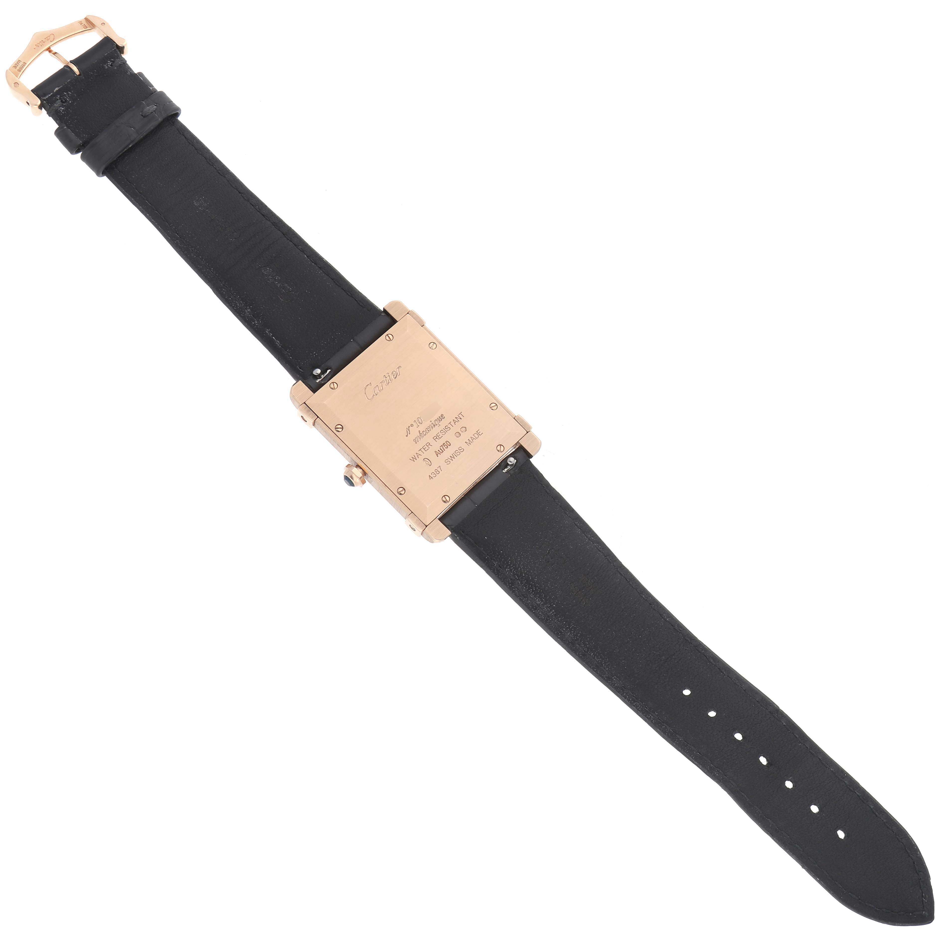 The image shows the back of a Cartier Tank Louis WGTA0075 Men's Rose Gold Silver Dial watch, featuring its rectangular case, inscriptions, and leather strap.
