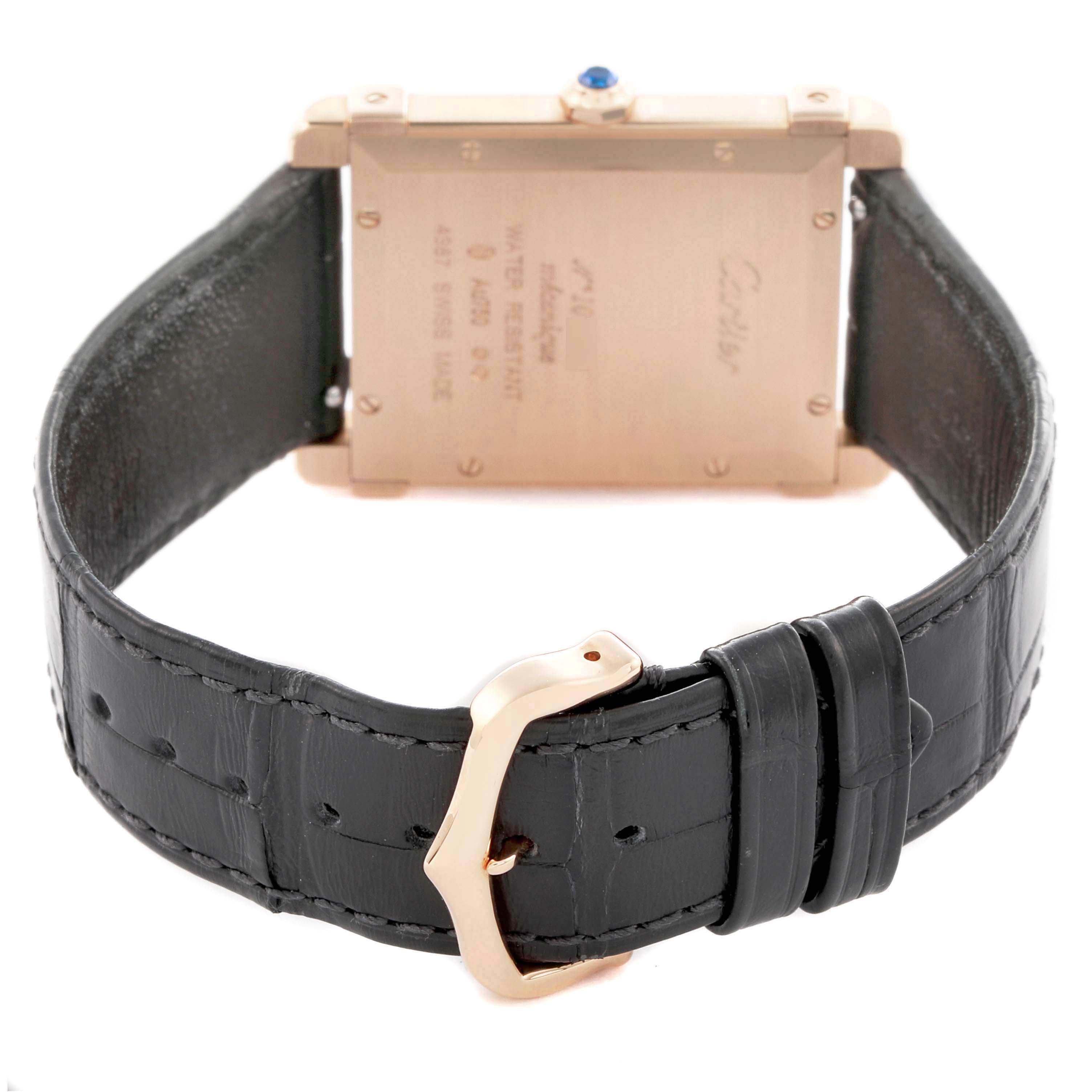The image shows the back of a Cartier Tank Louis WGTA0075 Men's Rose Gold Silver Dial watch, highlighting the strap, buckle, and case back.